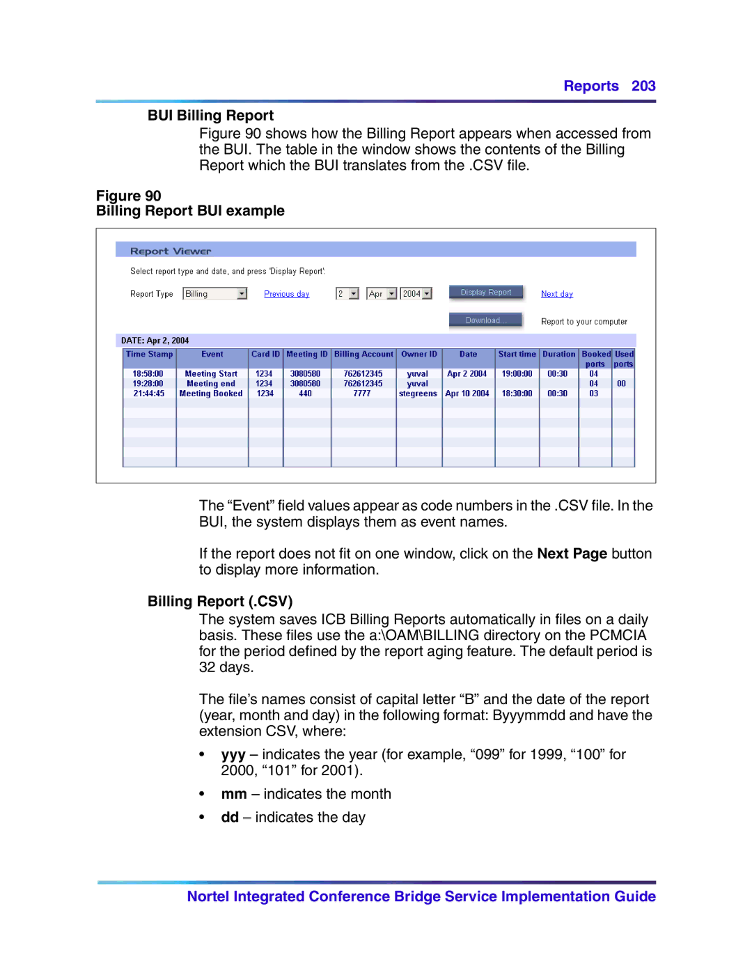 Nortel Networks 555-4001-135, 553-3001-358 manual BUI Billing Report, Billing Report BUI example, Billing Report .CSV 