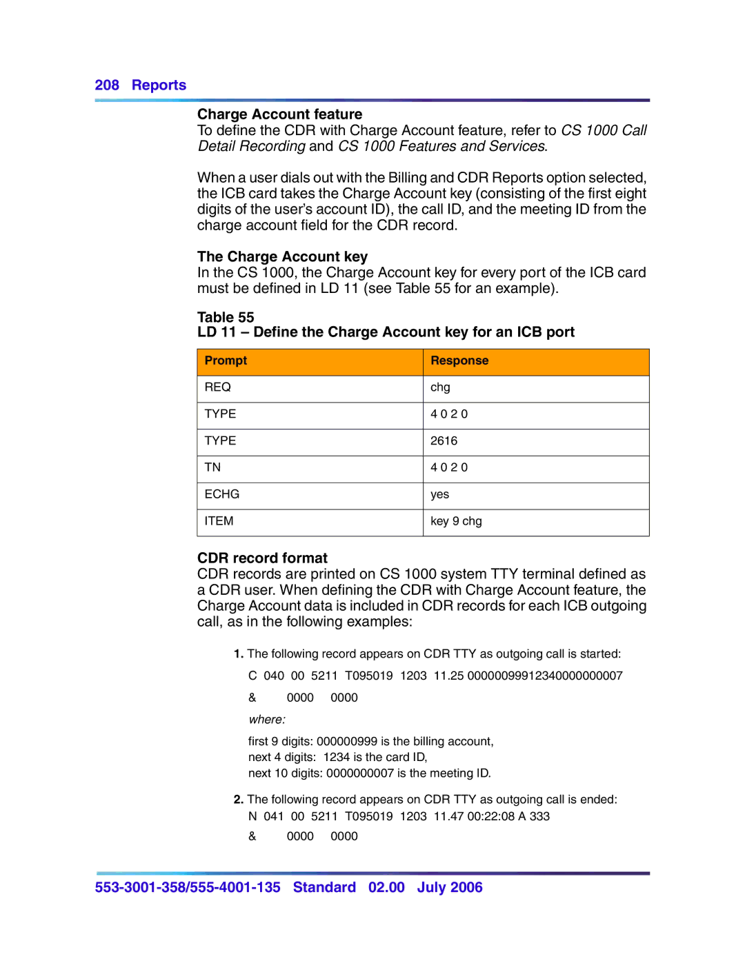 Nortel Networks 553-3001-358, 555-4001-135 Charge Account feature, Charge Account key, CDR record format, Prompt Response 