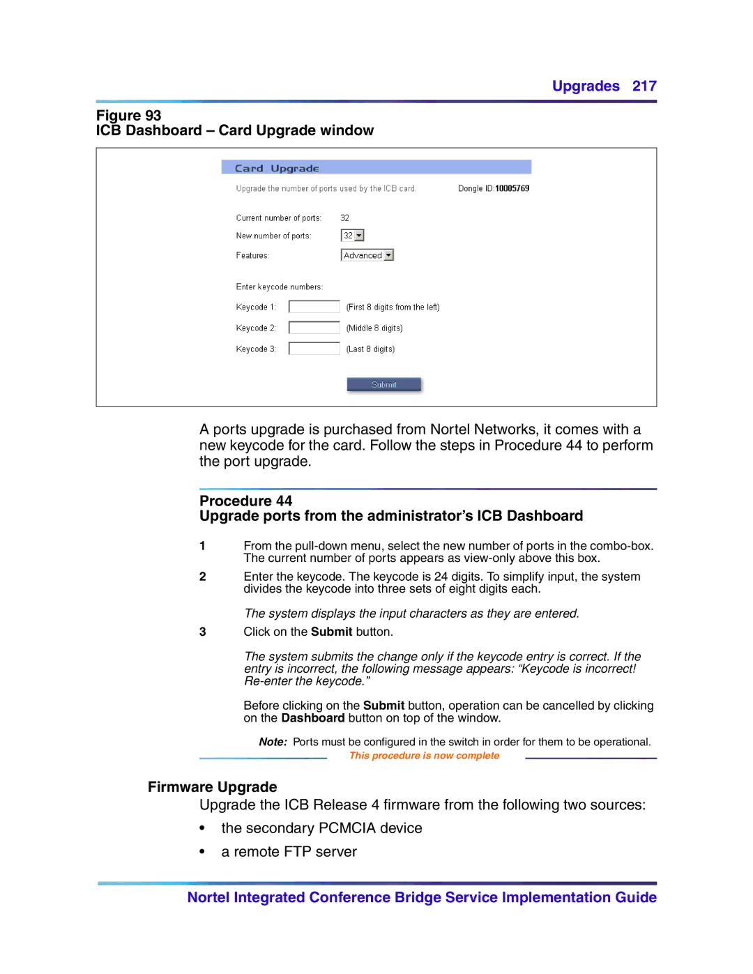 Nortel Networks 555-4001-135, 553-3001-358 manual ICB Dashboard Card Upgrade window, Firmware Upgrade 