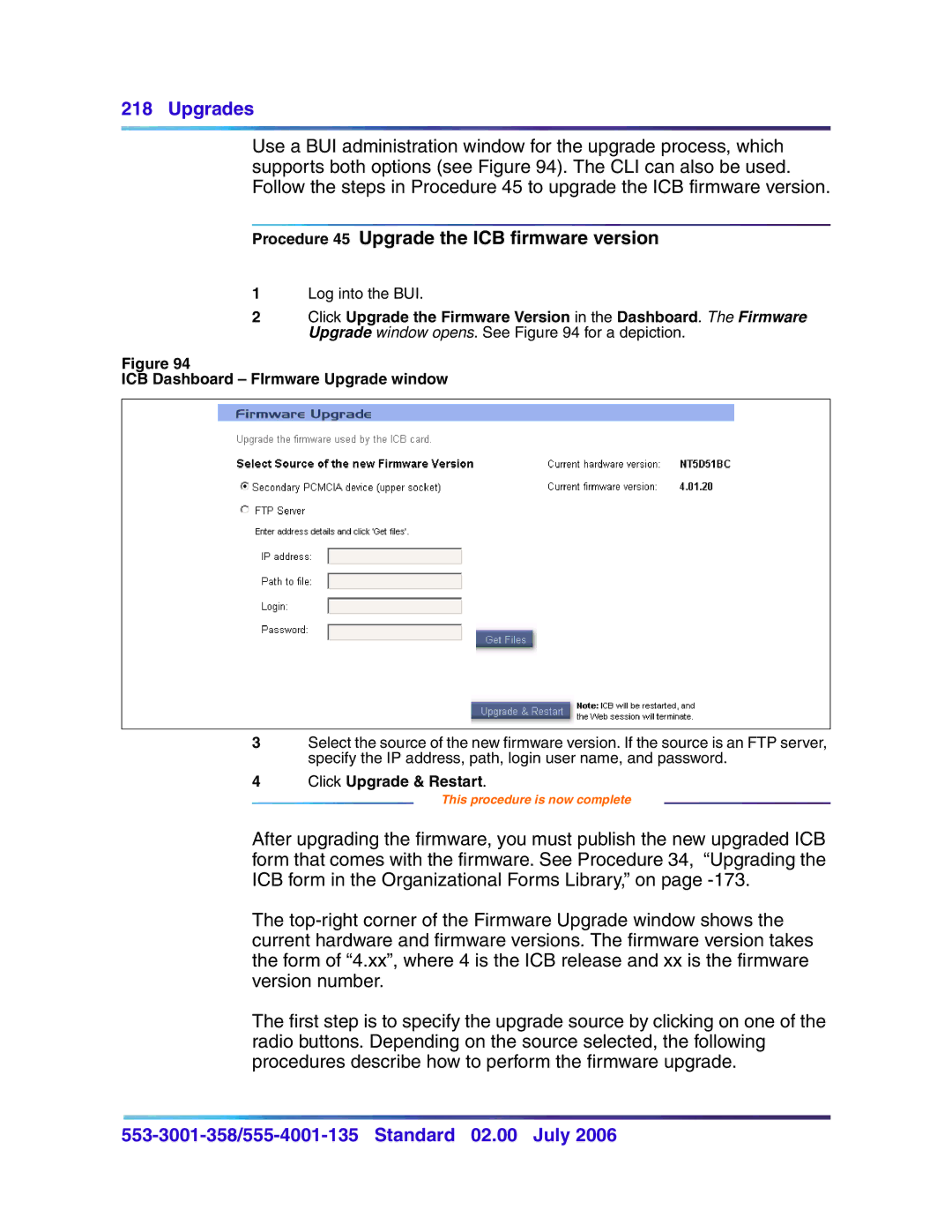 Nortel Networks 553-3001-358, 555-4001-135 manual Procedure 45 Upgrade the ICB firmware version, Click Upgrade & Restart 