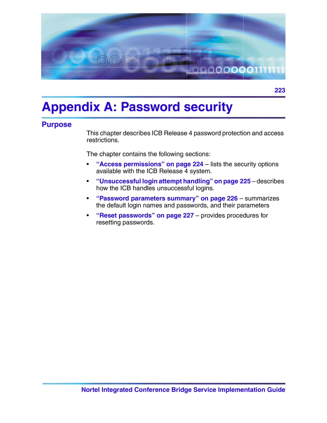 Nortel Networks 555-4001-135, 553-3001-358 manual Appendix a Password security, Purpose 