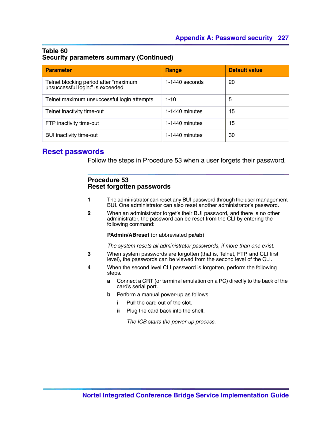 Nortel Networks 555-4001-135 Reset passwords, Procedure Reset forgotten passwords, PAdmin/ABreset or abbreviated pa/ab 