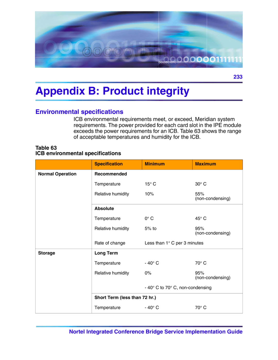 Nortel Networks 555-4001-135 Appendix B Product integrity, Environmental specifications, ICB environmental specifications 