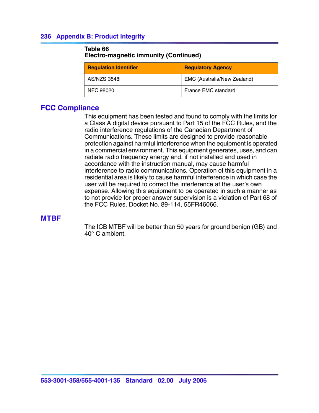 Nortel Networks 553-3001-358, 555-4001-135 manual FCC Compliance, Mtbf 