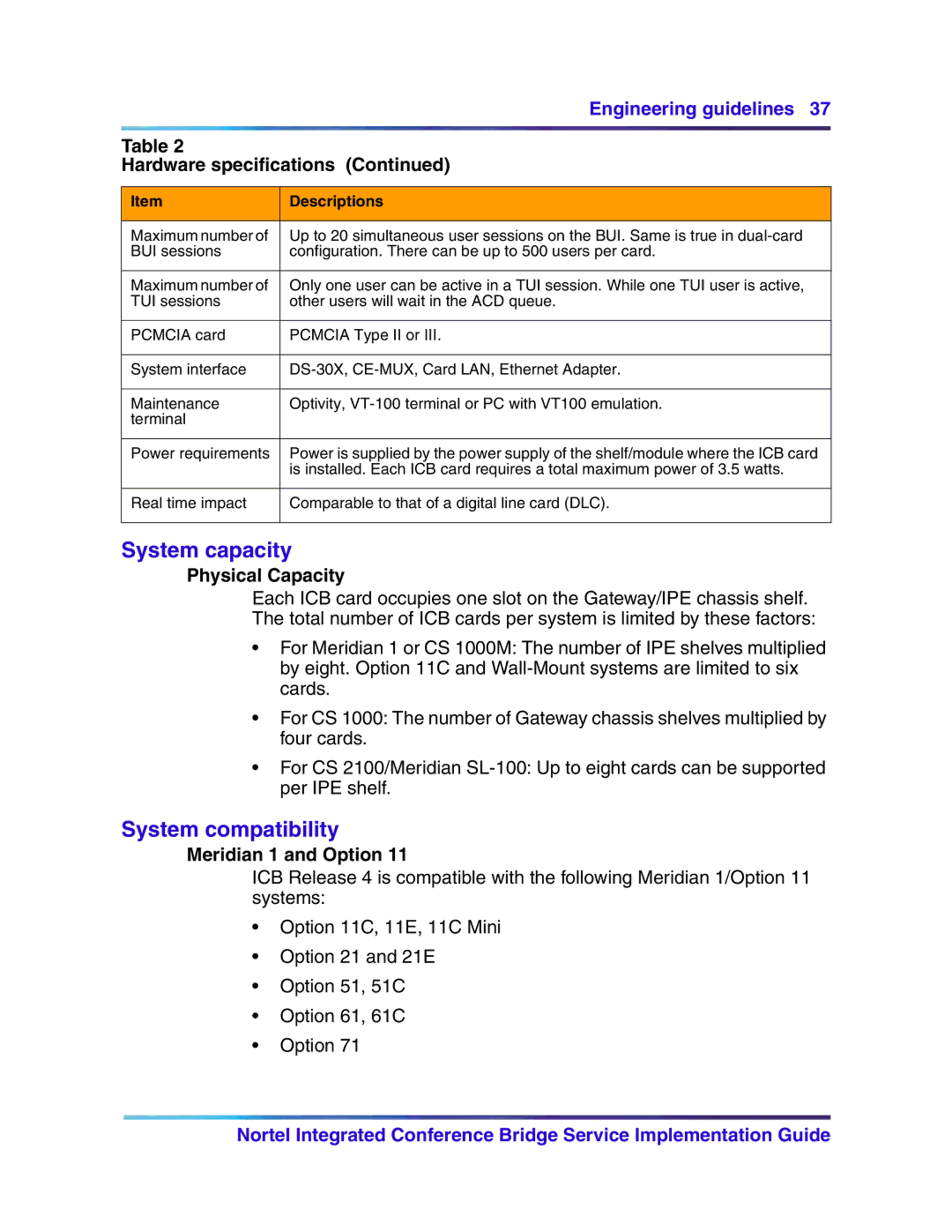 Nortel Networks 555-4001-135, 553-3001-358 System capacity, System compatibility, Physical Capacity, Meridian 1 and Option 