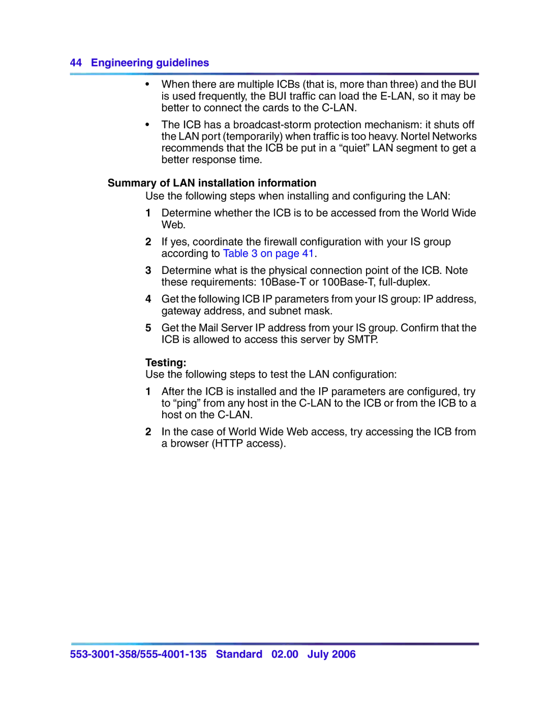 Nortel Networks 553-3001-358, 555-4001-135 manual Summary of LAN installation information, Testing 