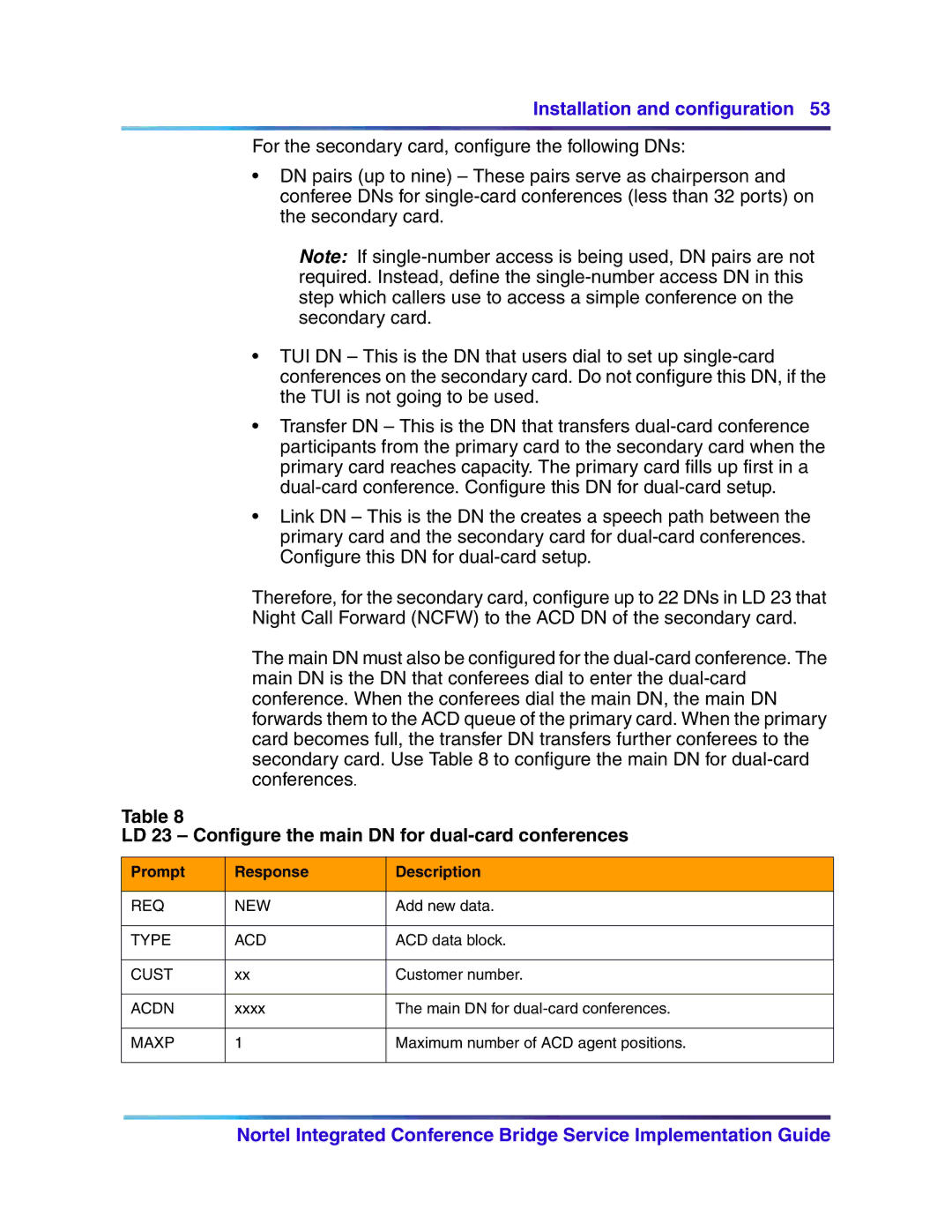 Nortel Networks 555-4001-135 manual LD 23 Configure the main DN for dual-card conferences, Prompt Response Description 