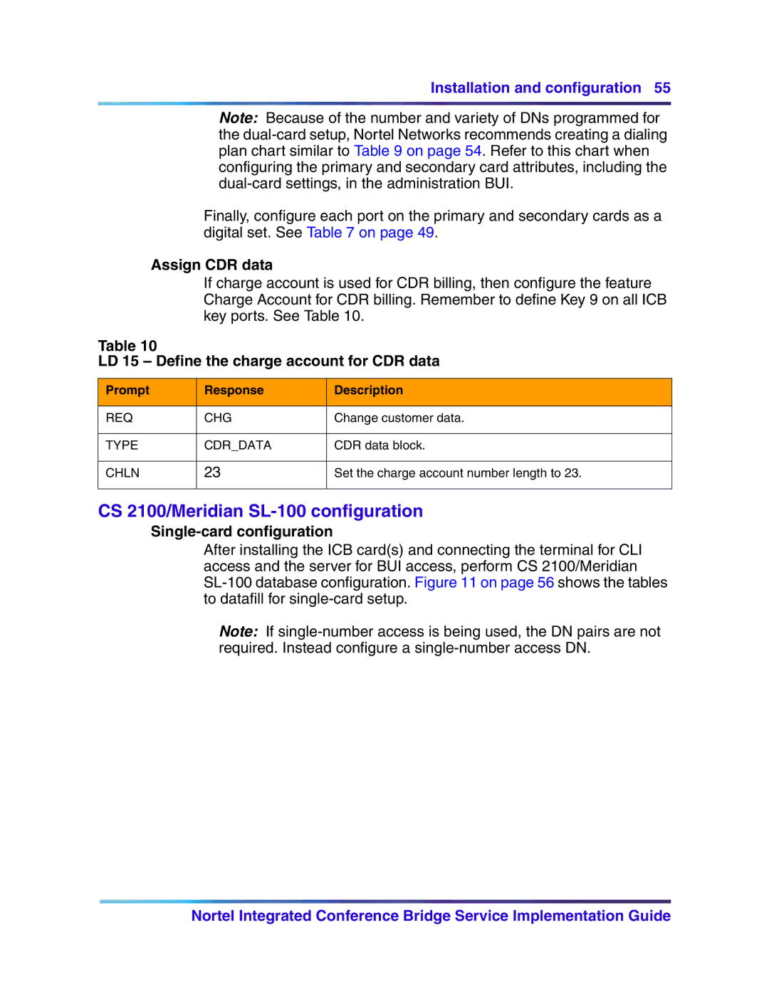 Nortel Networks 555-4001-135 manual CS 2100/Meridian SL-100 configuration, Assign CDR data, Single-card configuration 