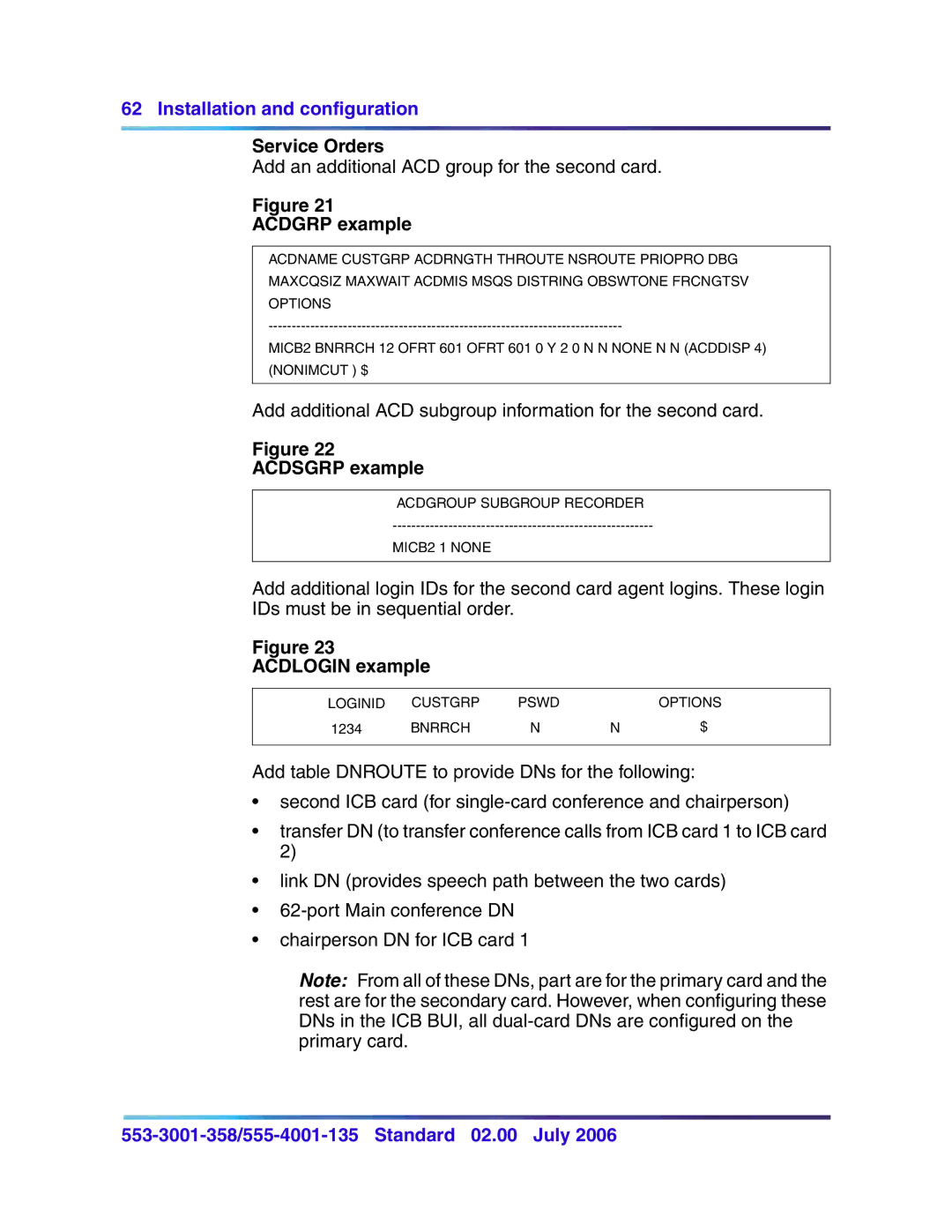 Nortel Networks 553-3001-358, 555-4001-135 manual Service Orders, Acdgrp example, Acdsgrp example, Acdlogin example 