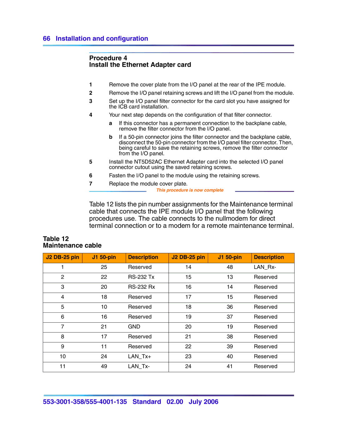 Nortel Networks 553-3001-358, 555-4001-135 manual Procedure Install the Ethernet Adapter card, Maintenance cable 