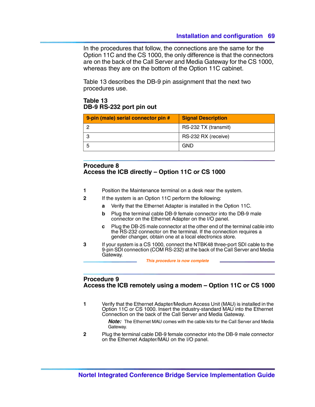 Nortel Networks 555-4001-135, 553-3001-358 DB-9 RS-232 port pin out, Procedure Access the ICB directly Option 11C or CS 