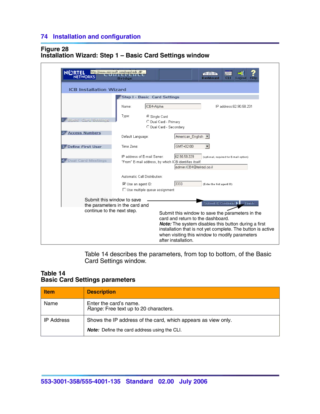 Nortel Networks 553-3001-358, 555-4001-135 Installation Wizard Basic Card Settings window, Basic Card Settings parameters 