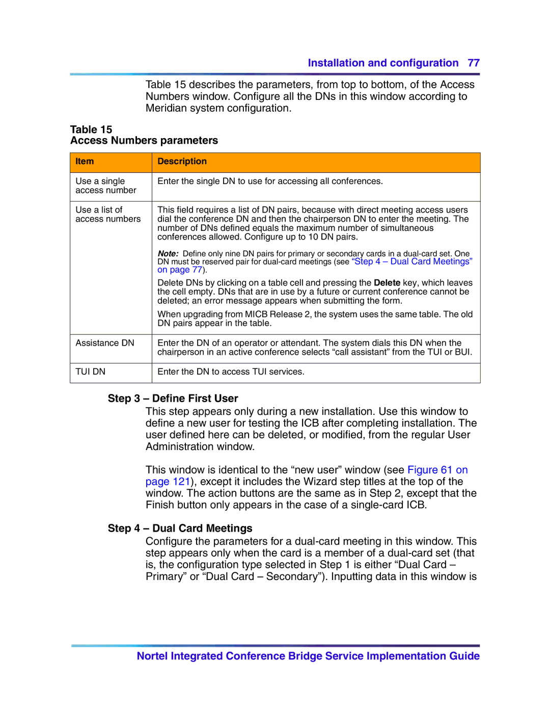 Nortel Networks 555-4001-135, 553-3001-358 manual Access Numbers parameters, Define First User, Dual Card Meetings 