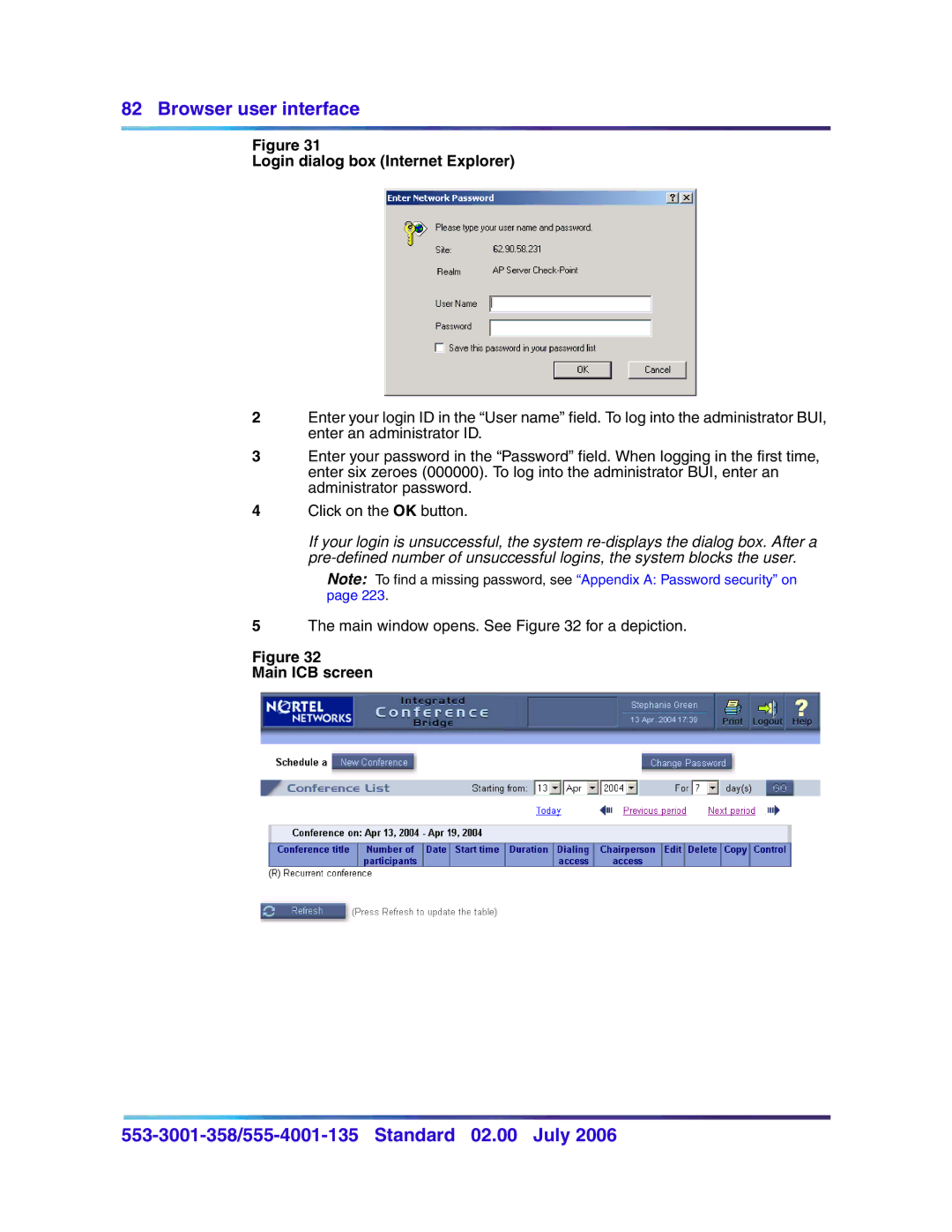 Nortel Networks 553-3001-358, 555-4001-135 manual Login dialog box Internet Explorer, Main ICB screen 