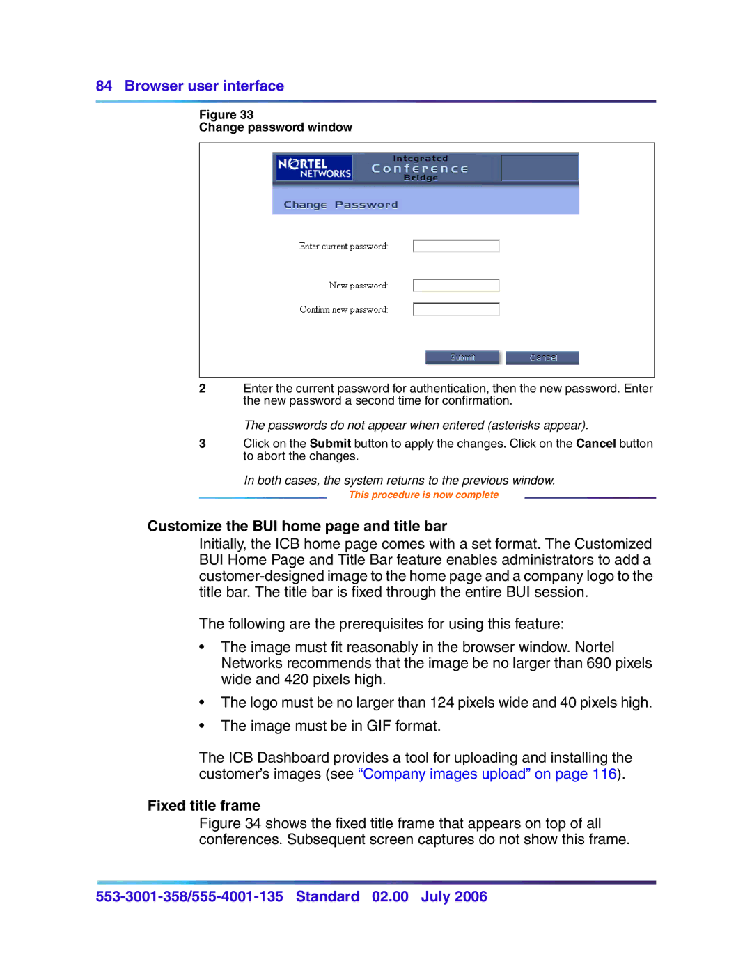 Nortel Networks 553-3001-358 manual Customize the BUI home page and title bar, Fixed title frame, Change password window 