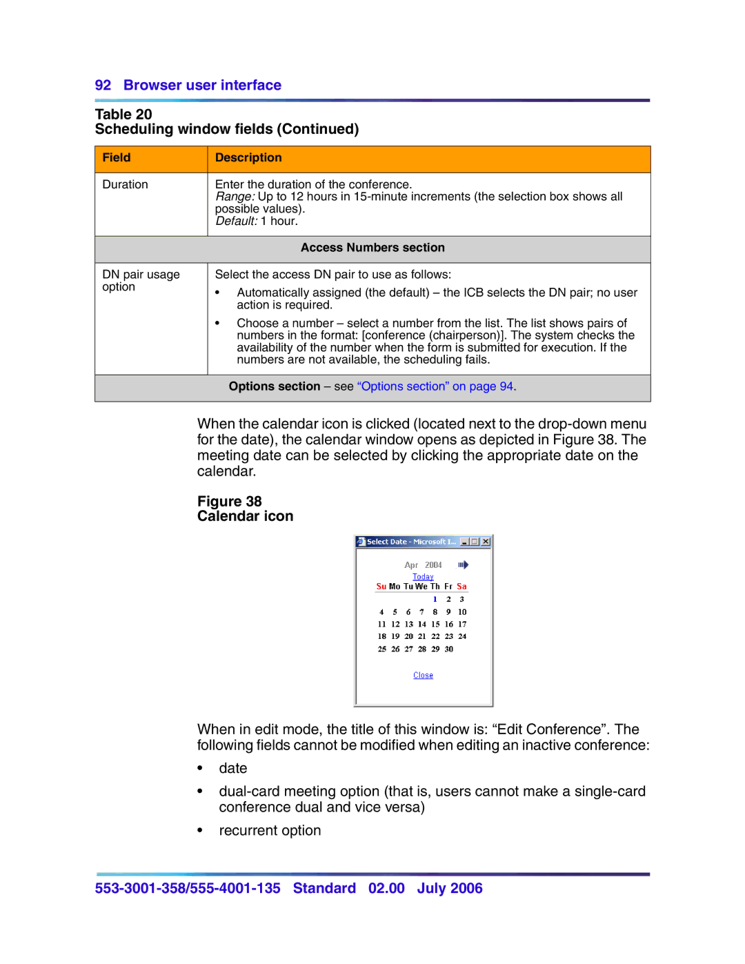 Nortel Networks 553-3001-358, 555-4001-135 manual Calendar icon, Access Numbers section 