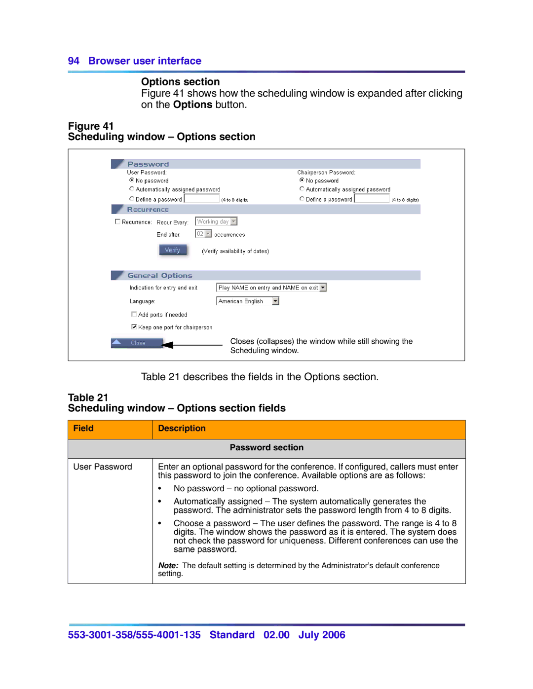 Nortel Networks 553-3001-358 manual Scheduling window Options section fields, Field Description Password section 