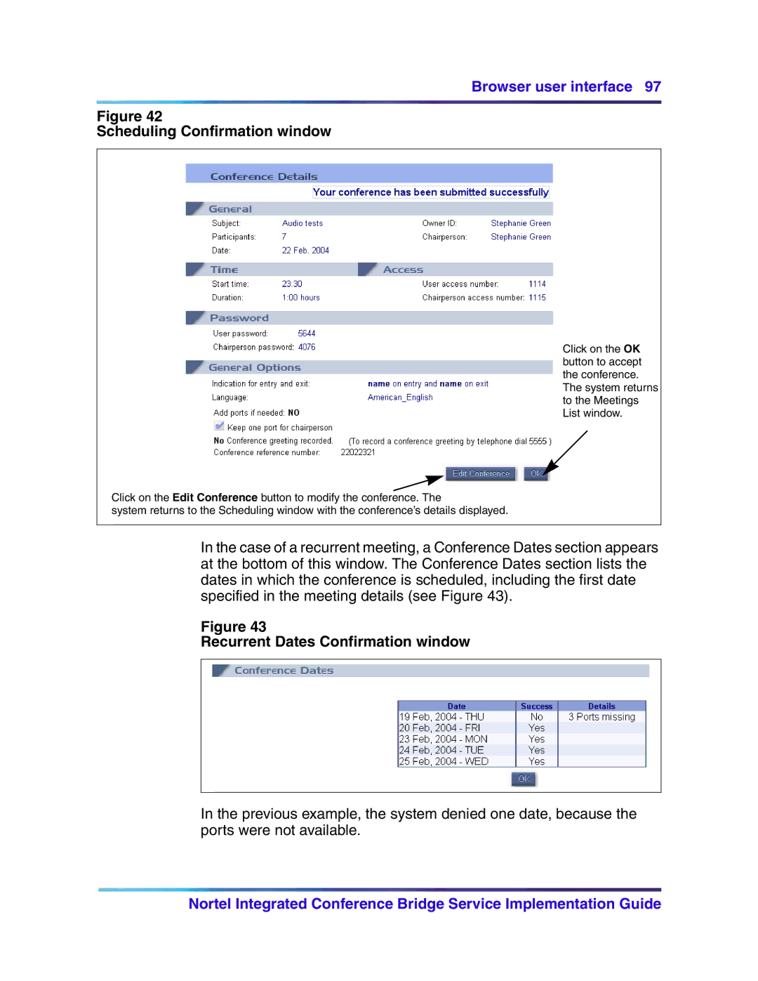 Nortel Networks 555-4001-135, 553-3001-358 manual Scheduling Confirmation window, Recurrent Dates Confirmation window 