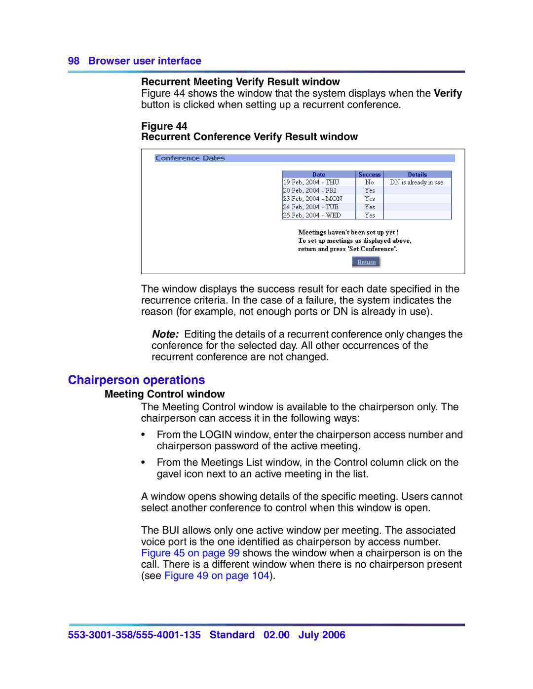 Nortel Networks 553-3001-358 manual Chairperson operations, Recurrent Meeting Verify Result window, Meeting Control window 