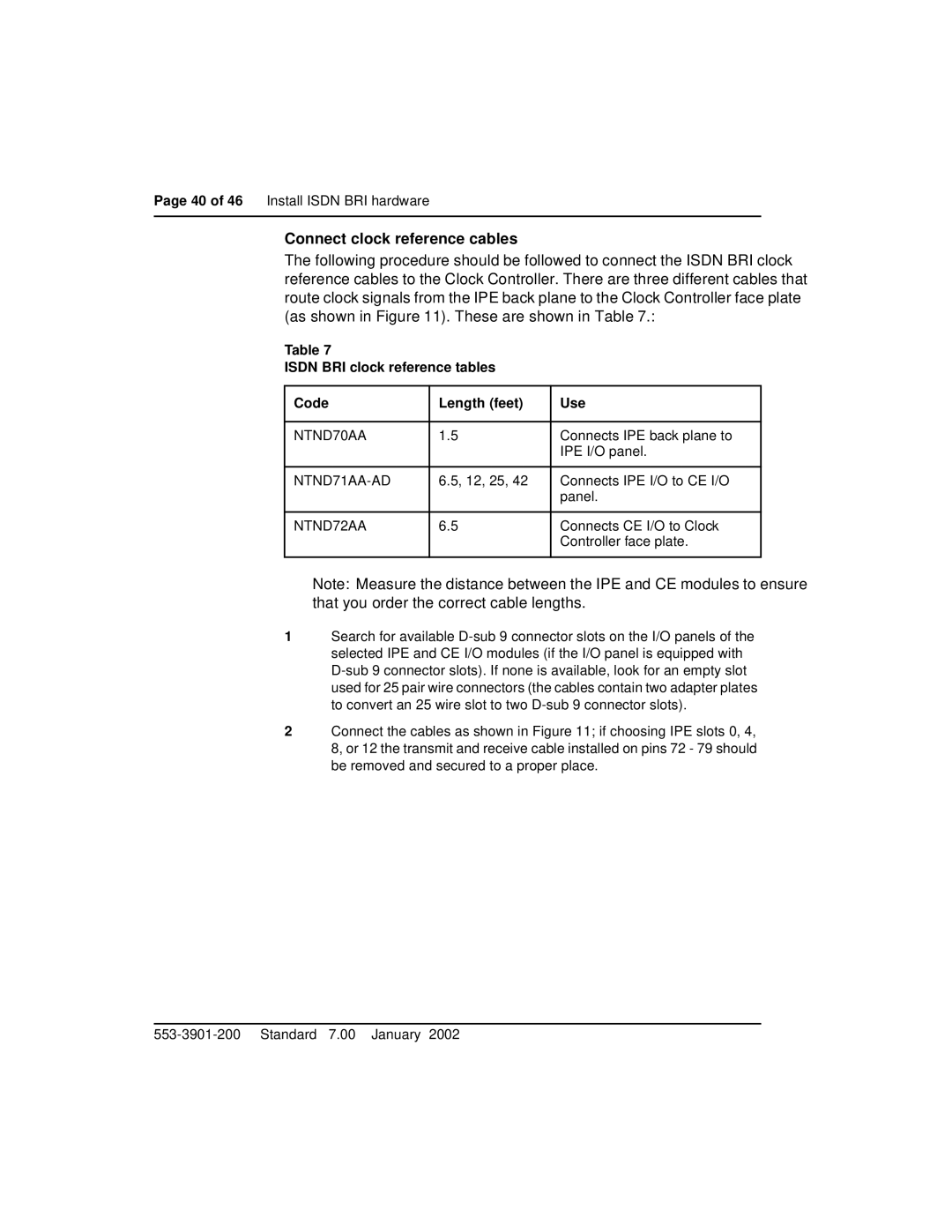 Nortel Networks 553-3901-200 Connect clock reference cables, Isdn BRI clock reference tables Code Length feet Use 