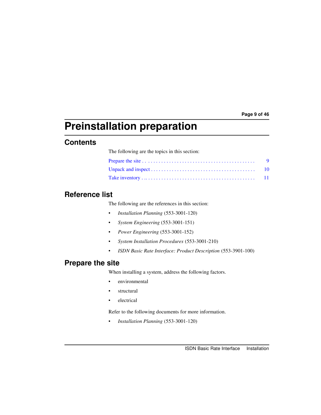 Nortel Networks 553-3901-200 instruction manual Preinstallation preparation, Contents, Reference list, Prepare the site 