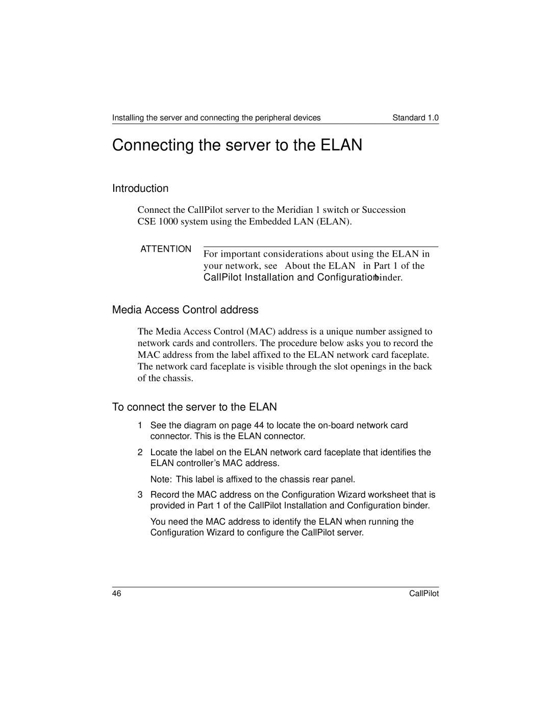 Nortel Networks 555-7101-215 manual Connecting the server to the Elan, Media Access Control address 