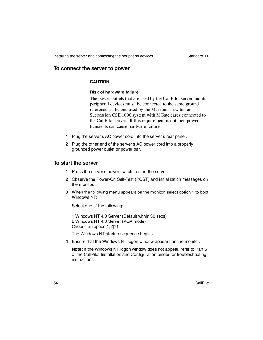 Nortel Networks 555-7101-215 manual To connect the server to power, To start the server 