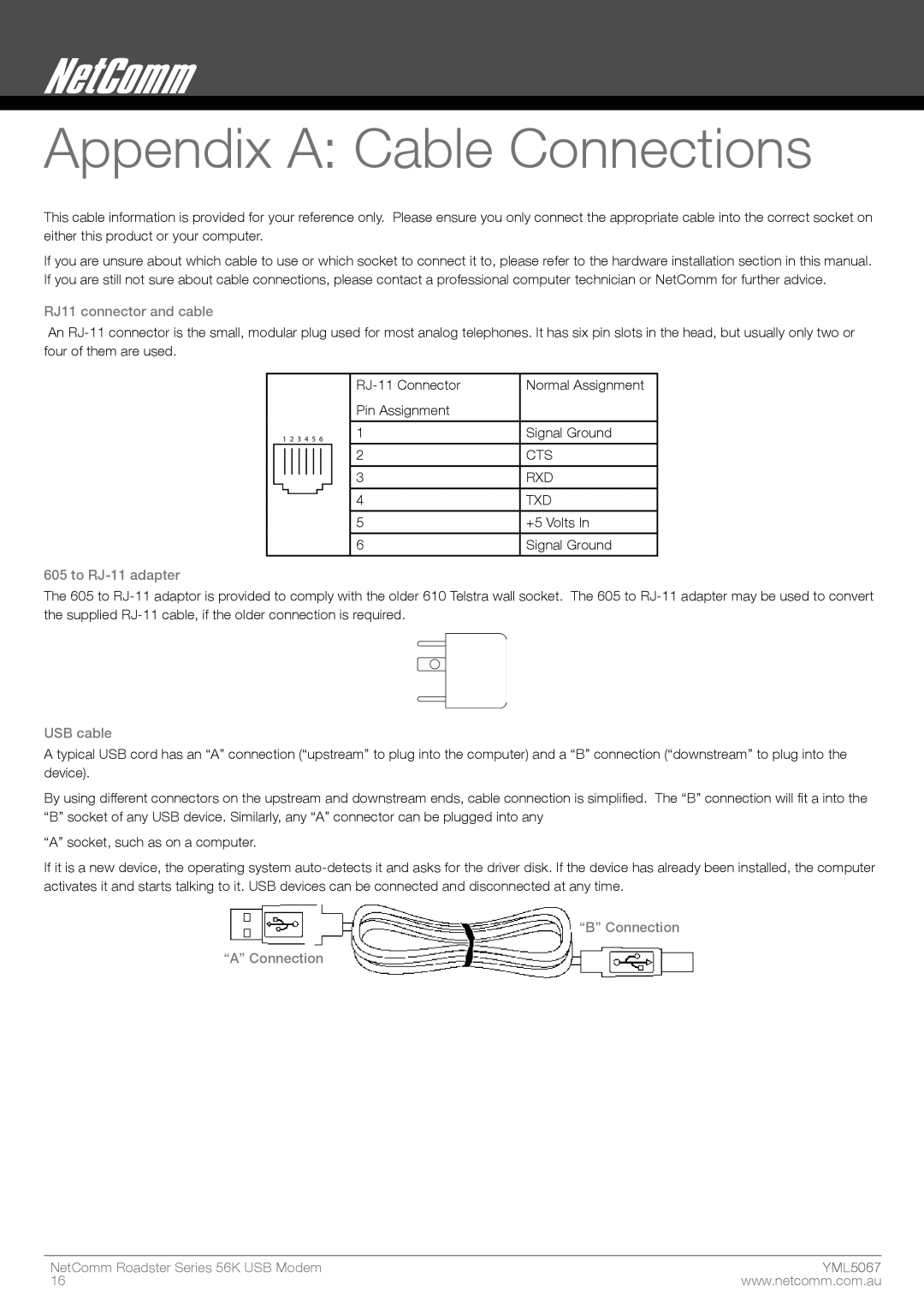 Nortel Networks 56K manual Appendix a Cable Connections, RJ11 connector and cable 