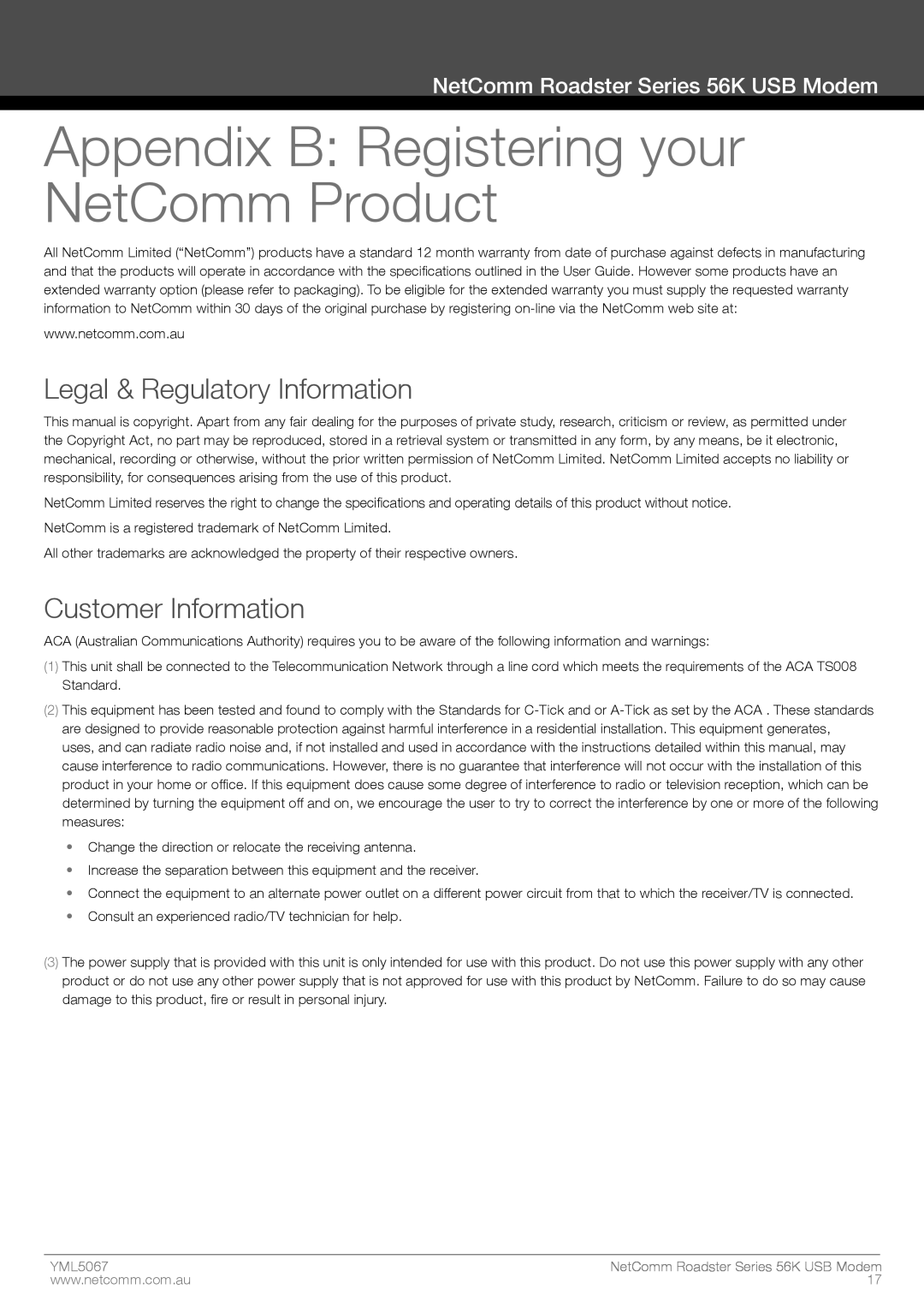 Nortel Networks 56K Appendix B Registering your NetComm Product, Legal & Regulatory Information, Customer Information 