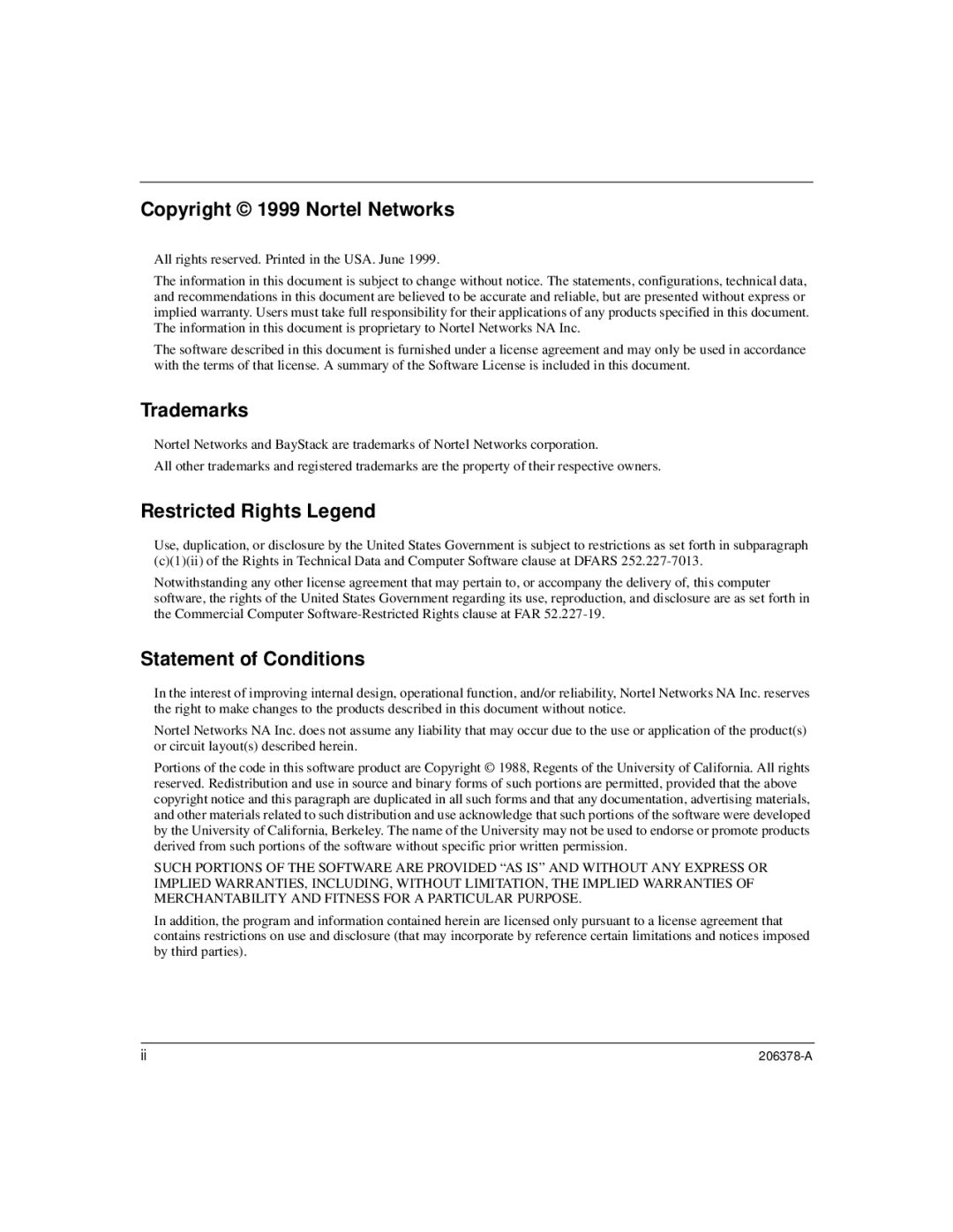 Nortel Networks 60-24T manual Copyright 1999 Nortel Networks, Trademarks, Restricted Rights Legend, Statement of Conditions 