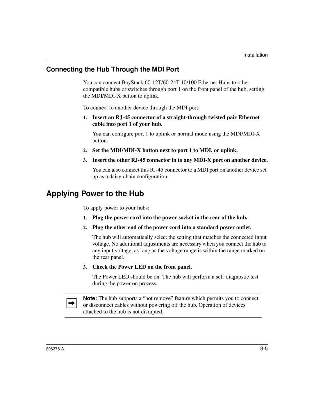 Nortel Networks 60-12T, 60-24T manual Applying Power to the Hub, Connecting the Hub Through the MDI Port 