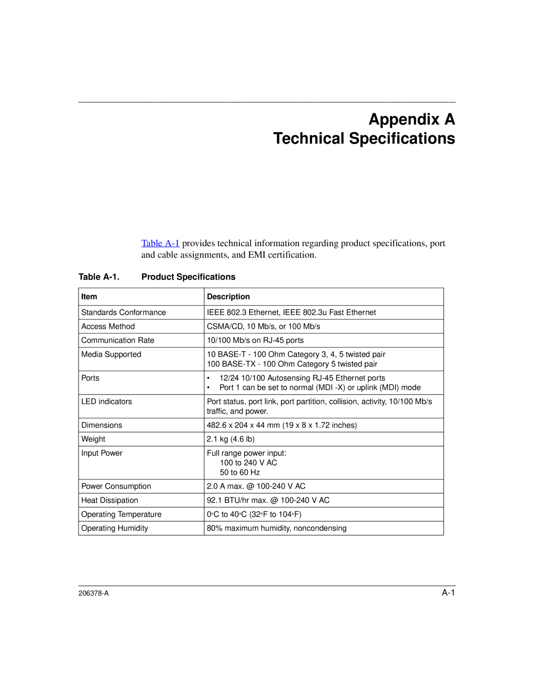 Nortel Networks 60-12T, 60-24T manual Appendix a Technical Specifications, Table A-1 Product Specifications, Description 