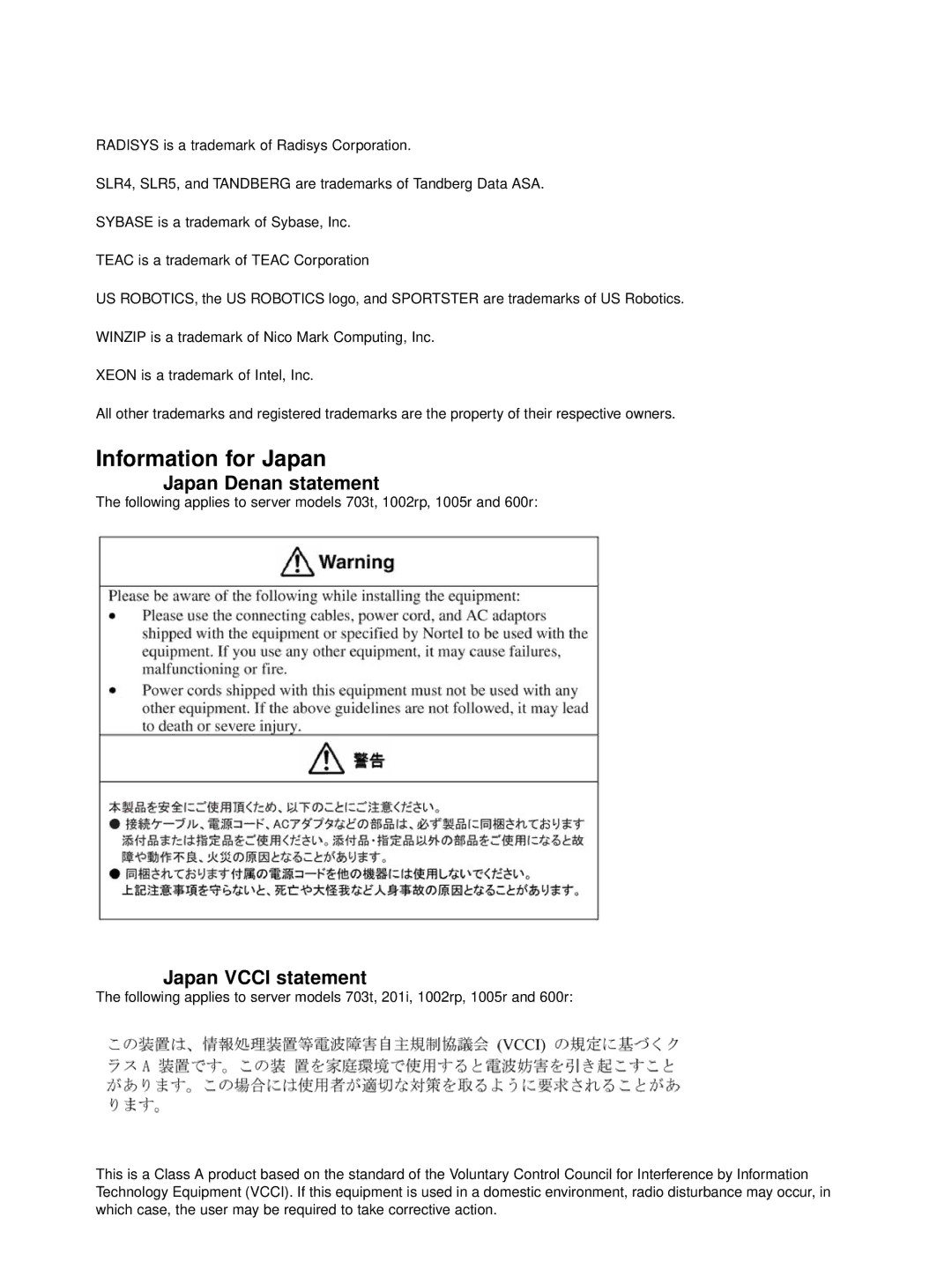 Nortel Networks 600r manual Information for Japan, Japan Denan statement, Japan Vcci statement 