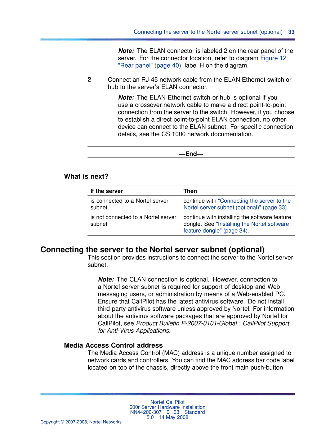 Nortel Networks 600r manual Connecting the server to the Nortel server subnet optional, Media Access Control address 