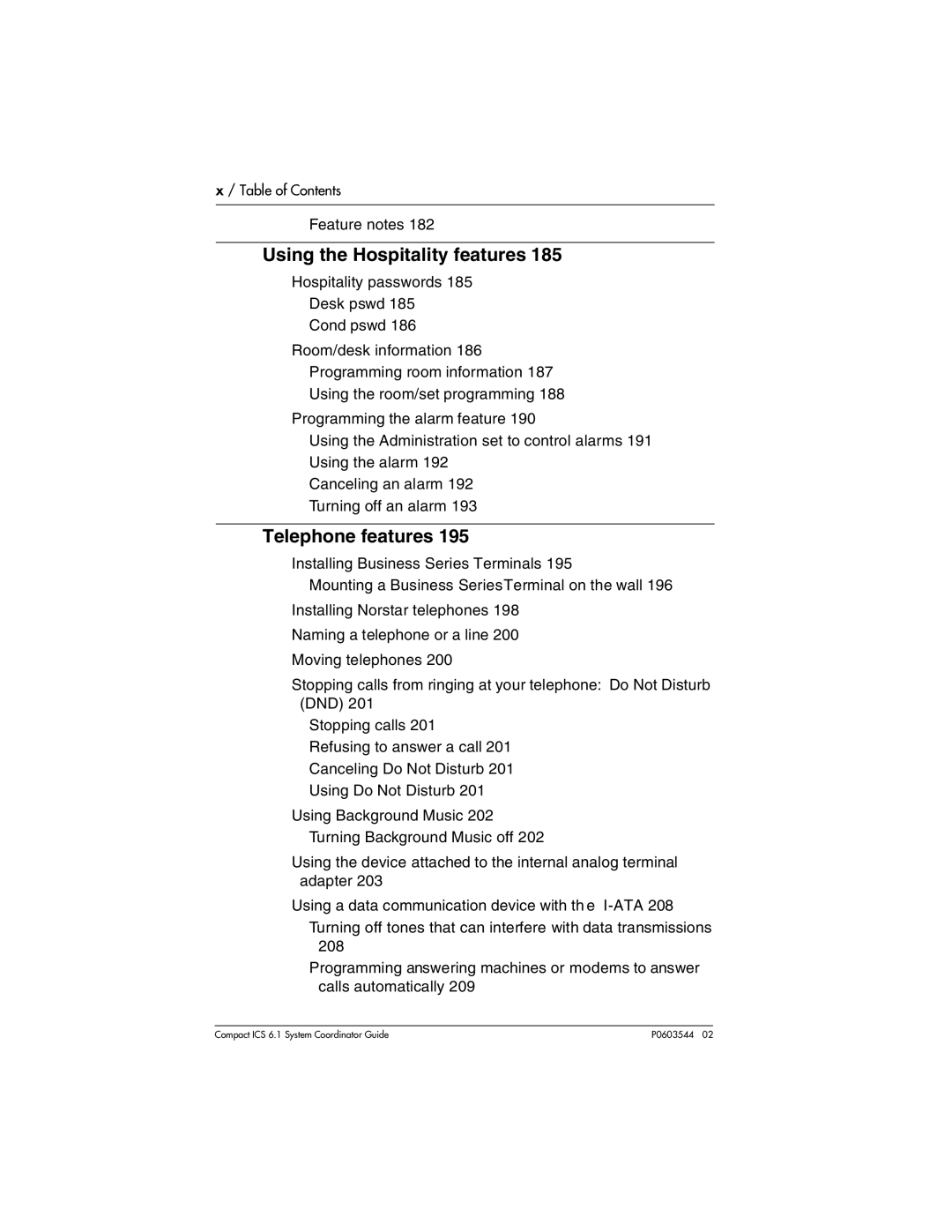 Nortel Networks 6.1 manual Using the Hospitality features, Telephone features 