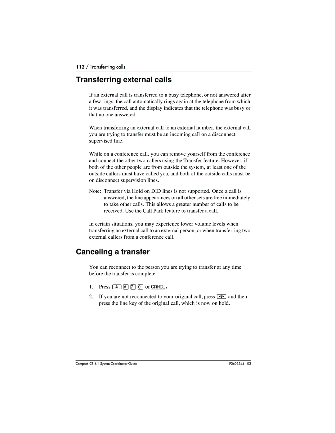 Nortel Networks 6.1 manual Transferring external calls, Canceling a transfer, Or Cancl 