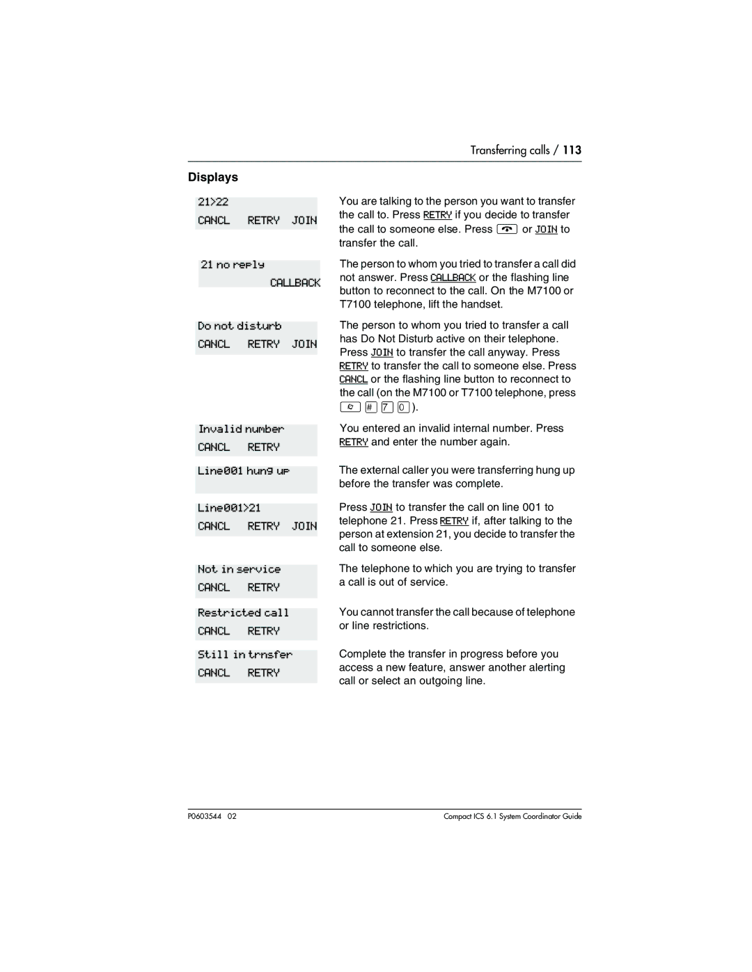 Nortel Networks 6.1 manual 2122, No reply, Invalid number, Line001 hung up Line00121, Still in trnsfer 