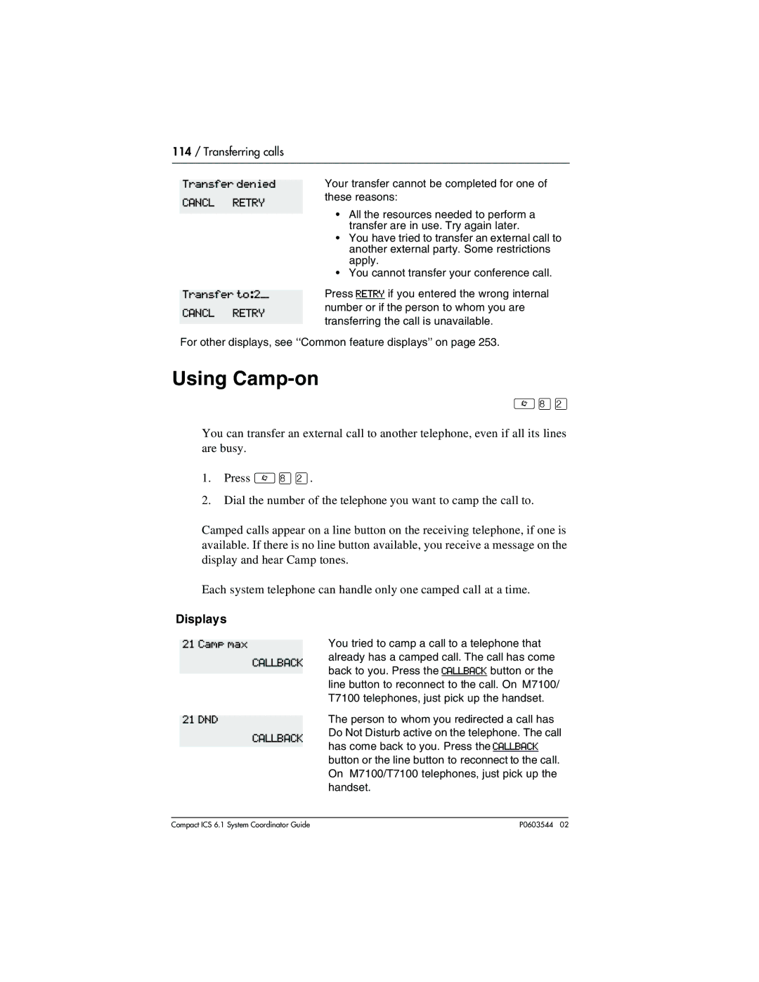 Nortel Networks 6.1 manual Using Camp-on, Transfer denied, Transfer to2, Camp max, 21 DND 