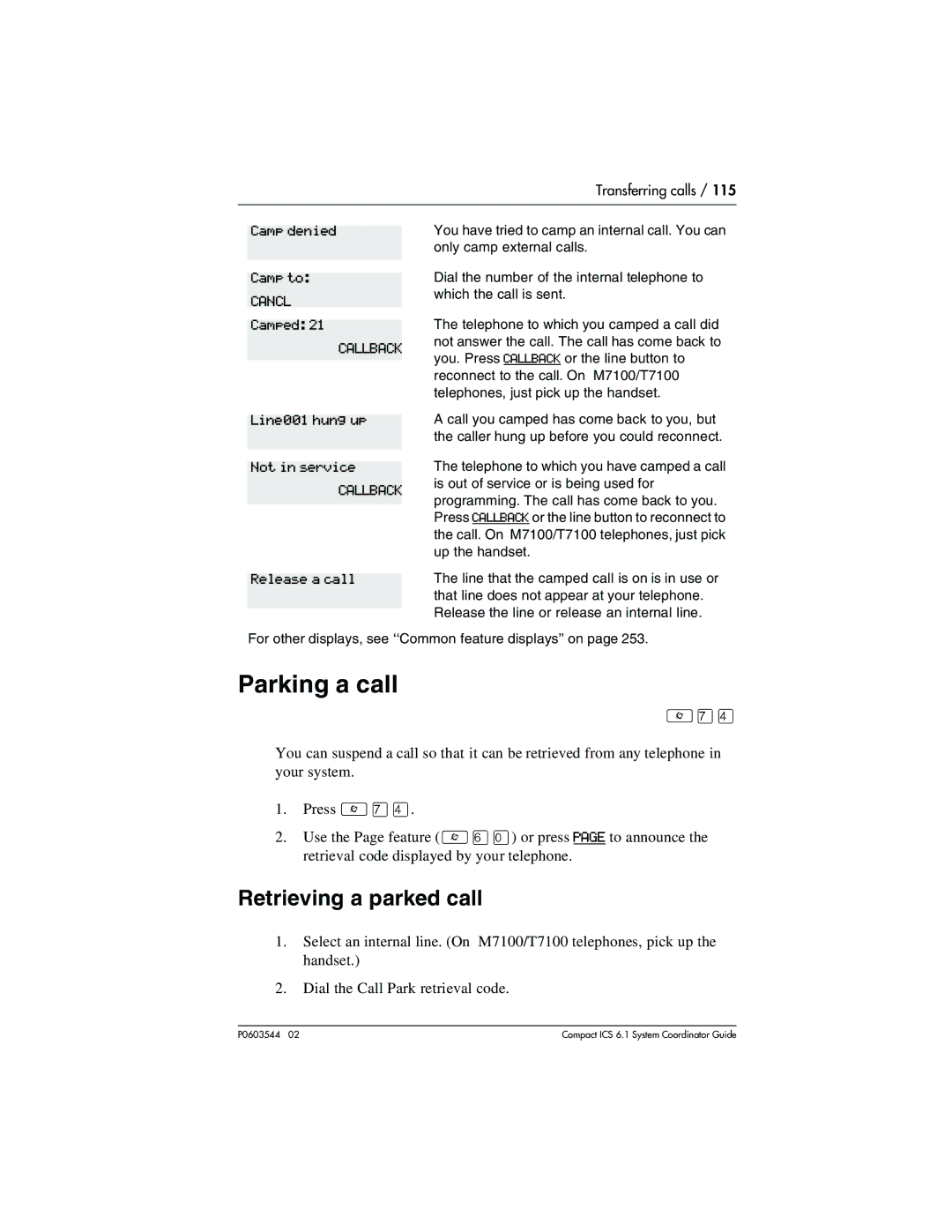 Nortel Networks 6.1 manual Parking a call, Retrieving a parked call 