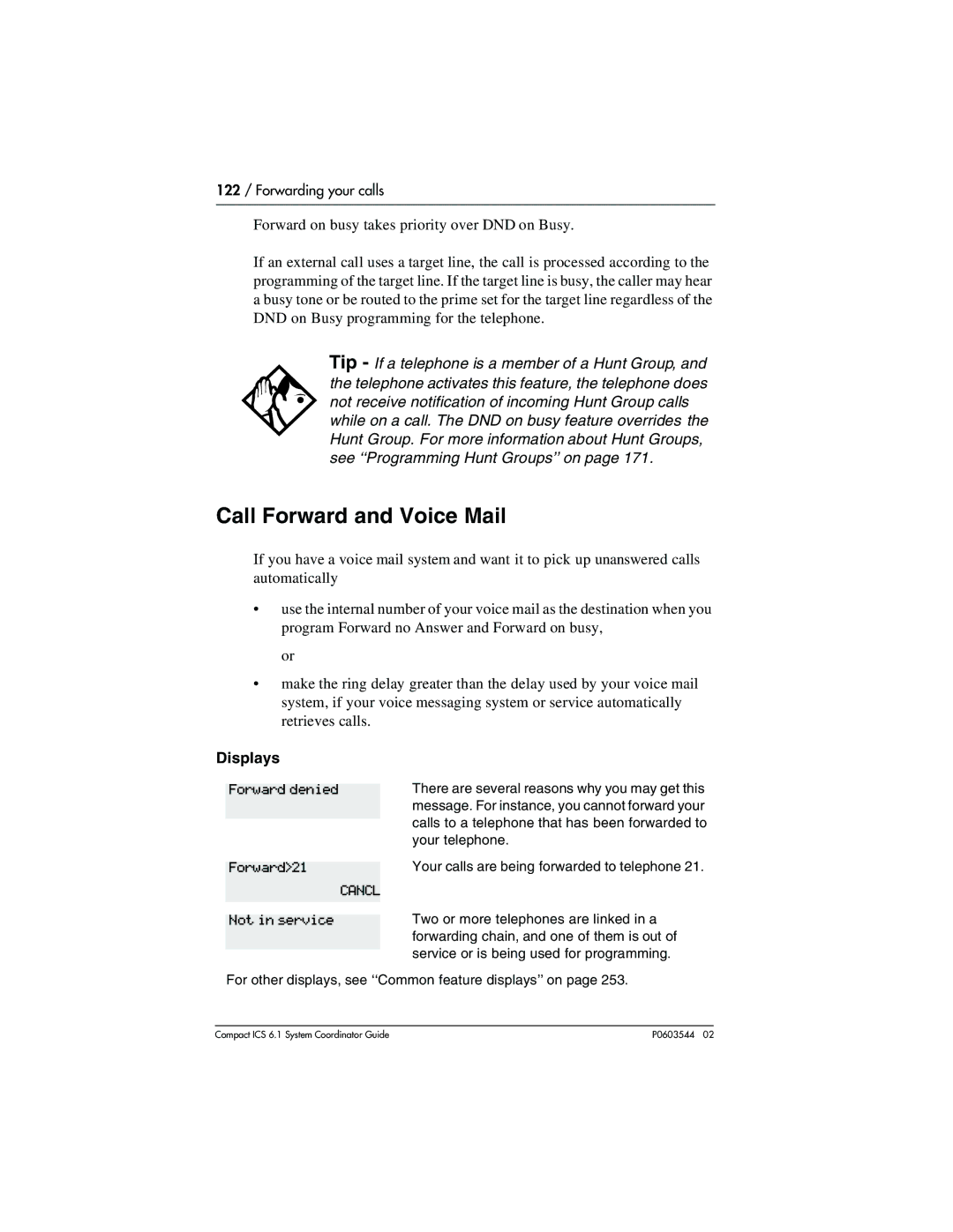 Nortel Networks 6.1 manual Call Forward and Voice Mail, Forward denied 