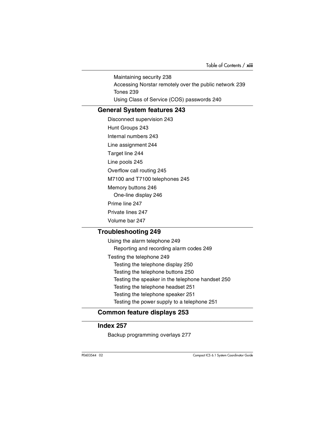 Nortel Networks 6.1 manual General System features, Troubleshooting, Common feature displays Index 