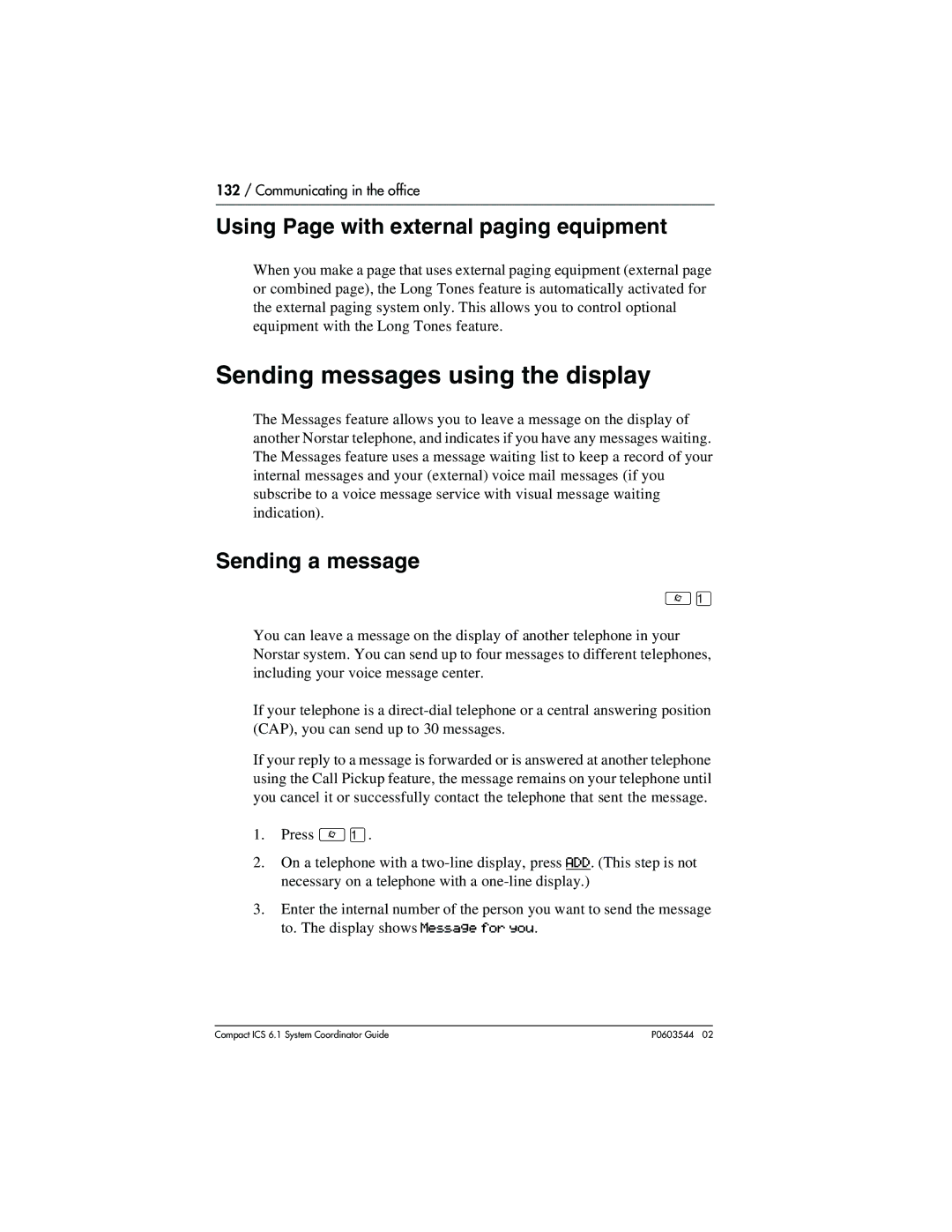 Nortel Networks 6.1 manual Sending messages using the display, Using Page with external paging equipment, Sending a message 