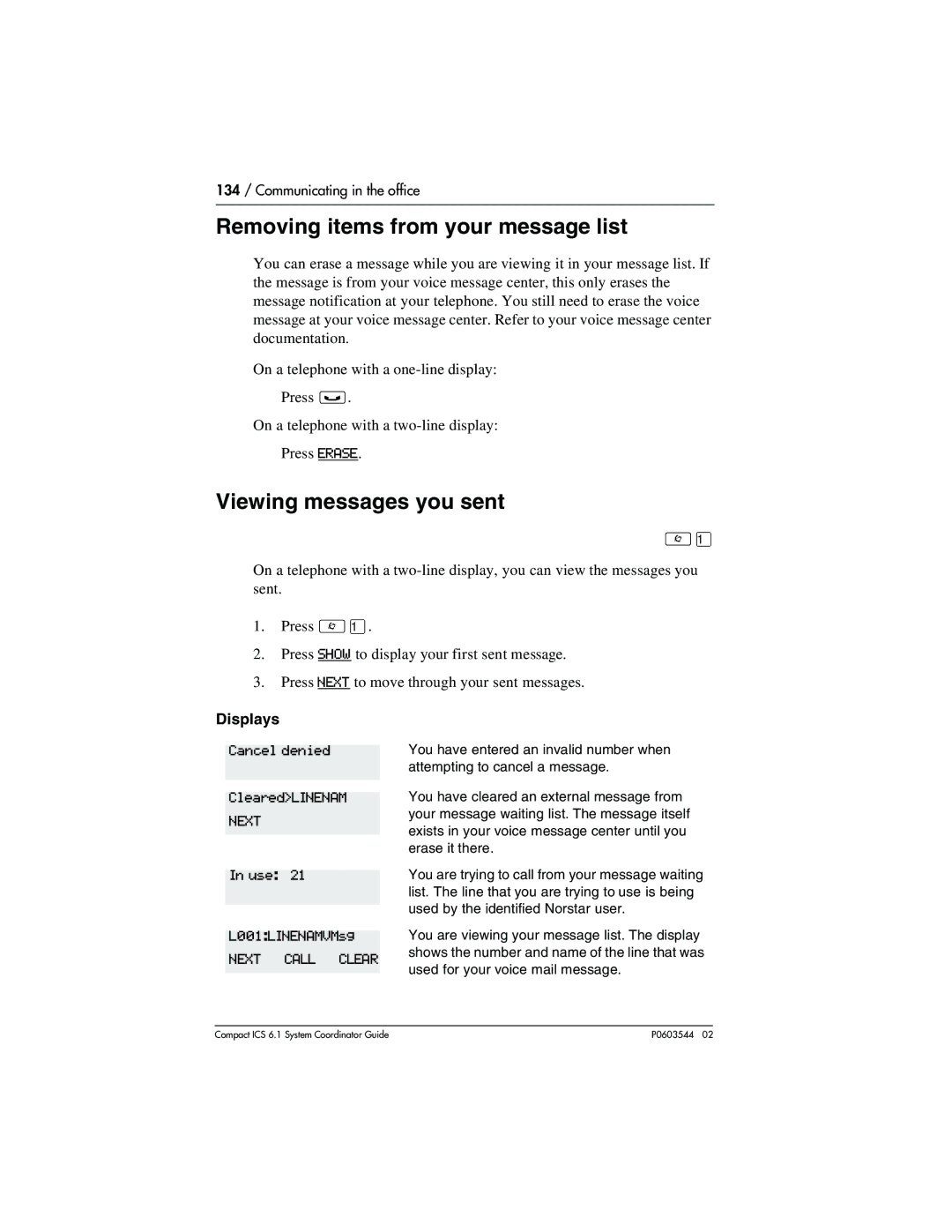 Nortel Networks 6.1 Removing items from your message list, Viewing messages you sent, Cancel denied, ClearedLINENAM, Use 