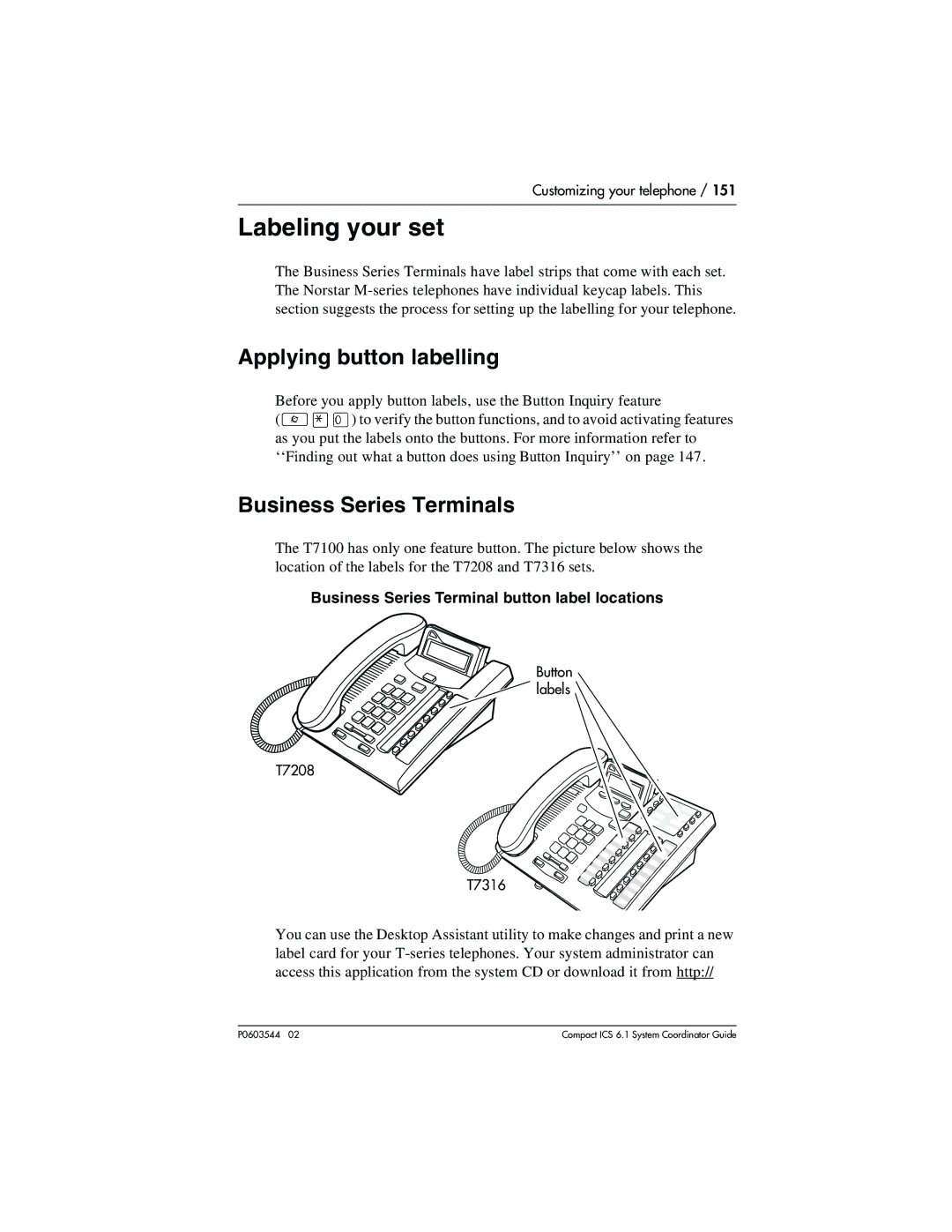 Nortel Networks 6.1 manual Labeling your set, Applying button labelling, Business Series Terminals 