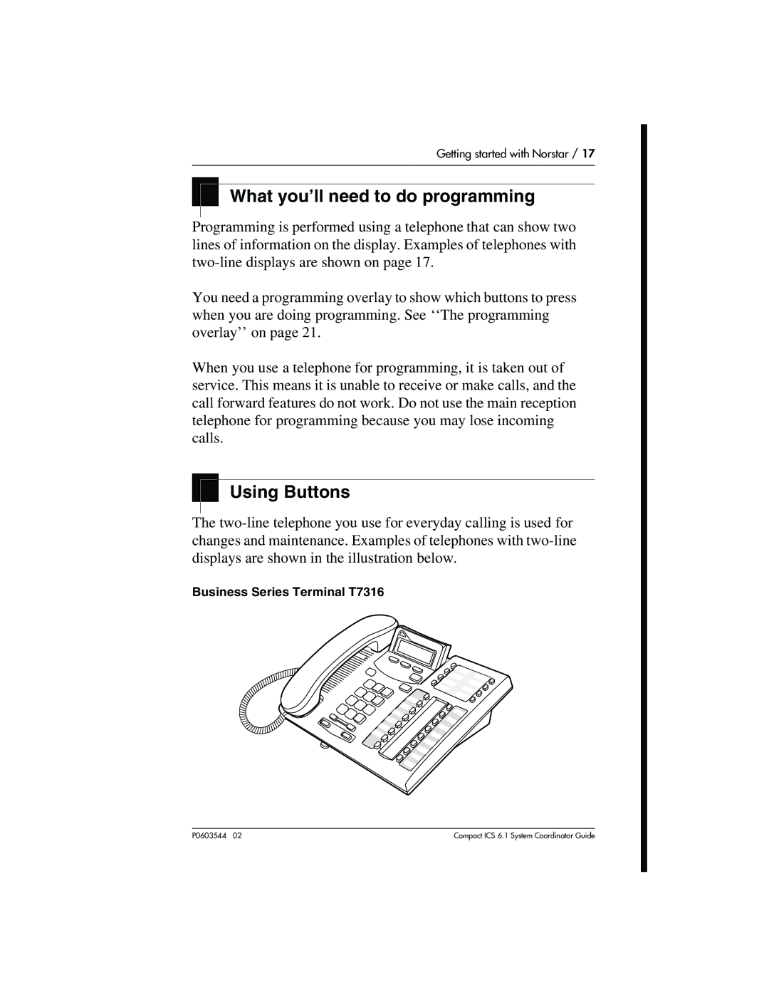 Nortel Networks 6.1 manual What you’ll need to do programming, Using Buttons, Business Series Terminal T7316 