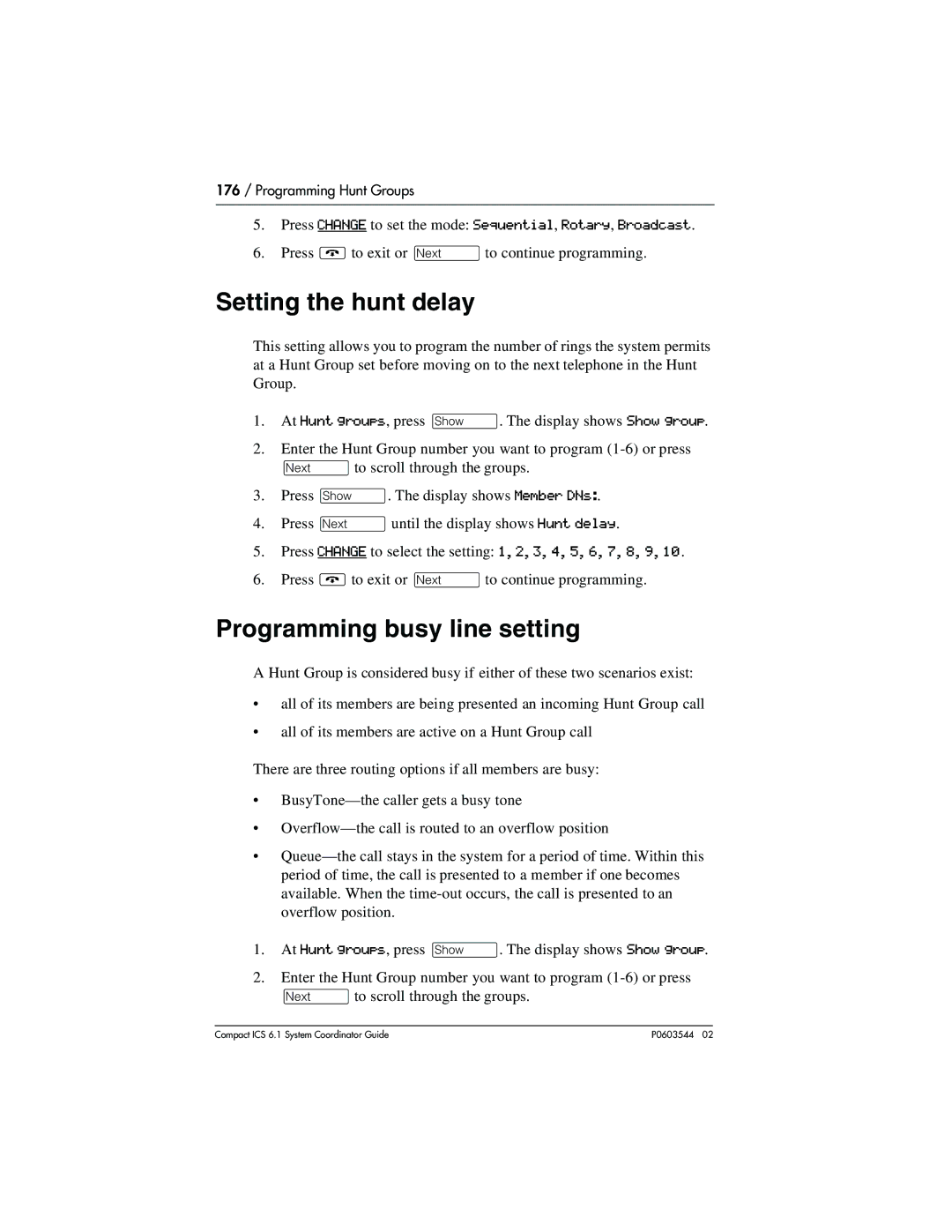 Nortel Networks 6.1 manual Setting the hunt delay, Programming busy line setting 