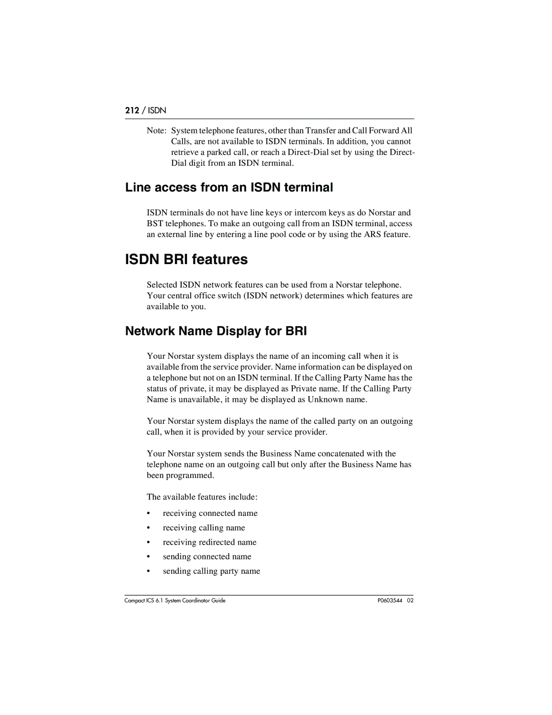 Nortel Networks 6.1 manual Isdn BRI features, Line access from an Isdn terminal, Network Name Display for BRI 