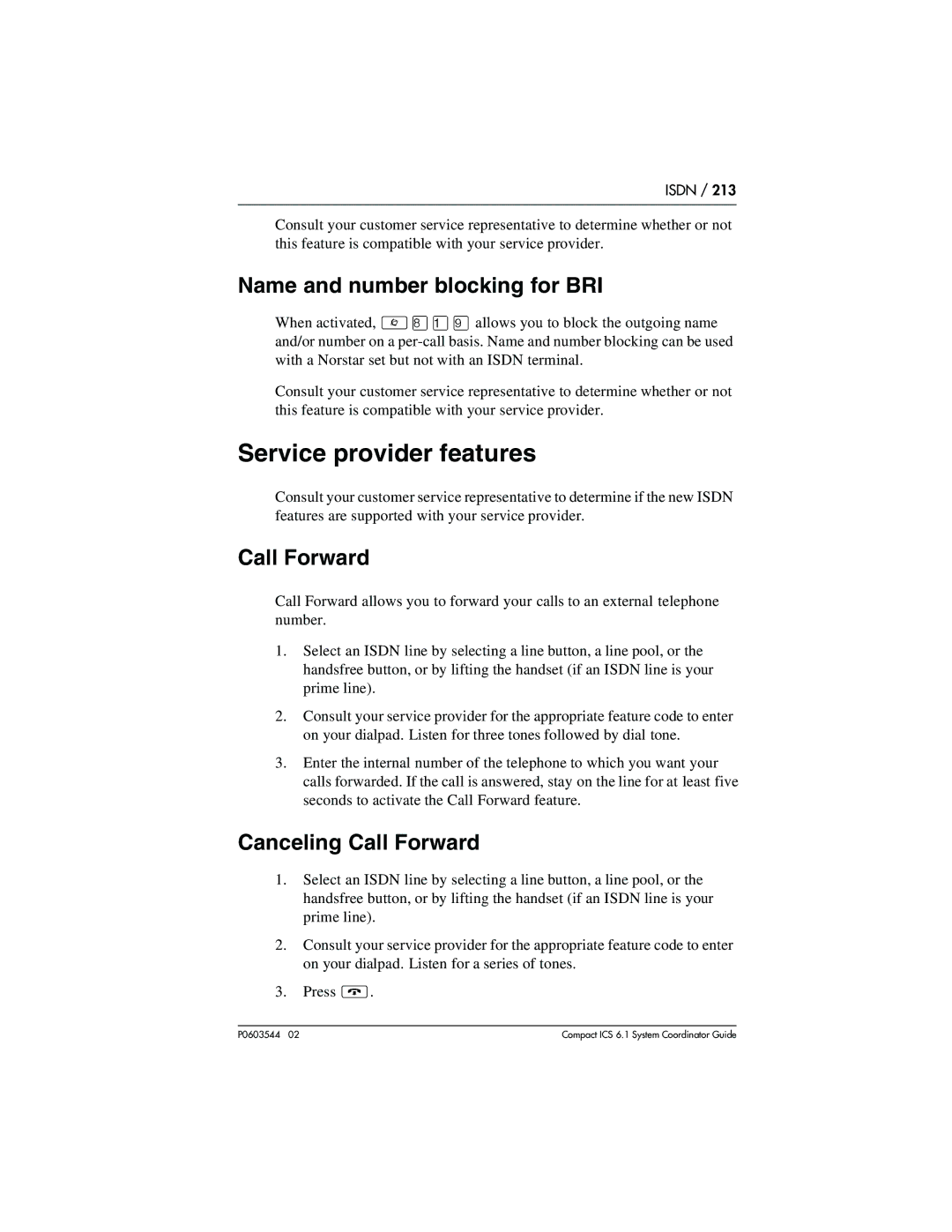 Nortel Networks 6.1 manual Service provider features, Name and number blocking for BRI, Call Forward 