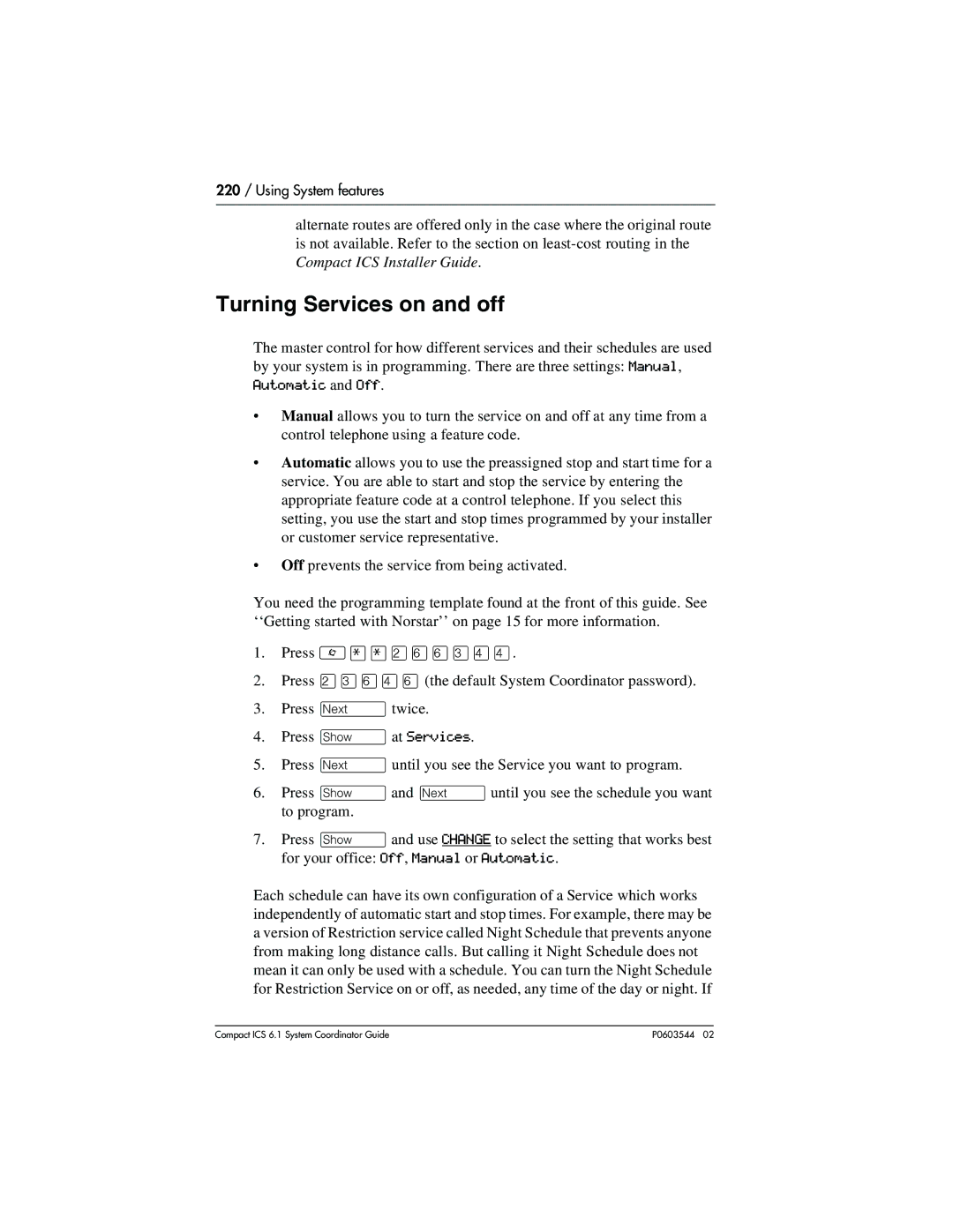 Nortel Networks 6.1 manual Turning Services on and off 