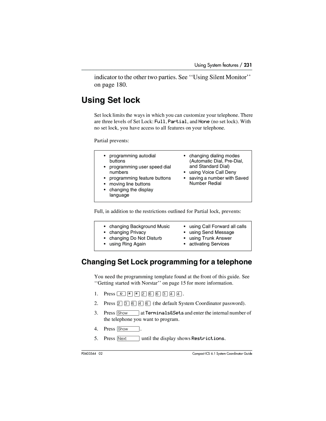 Nortel Networks 6.1 manual Using Set lock, Changing Set Lock programming for a telephone 